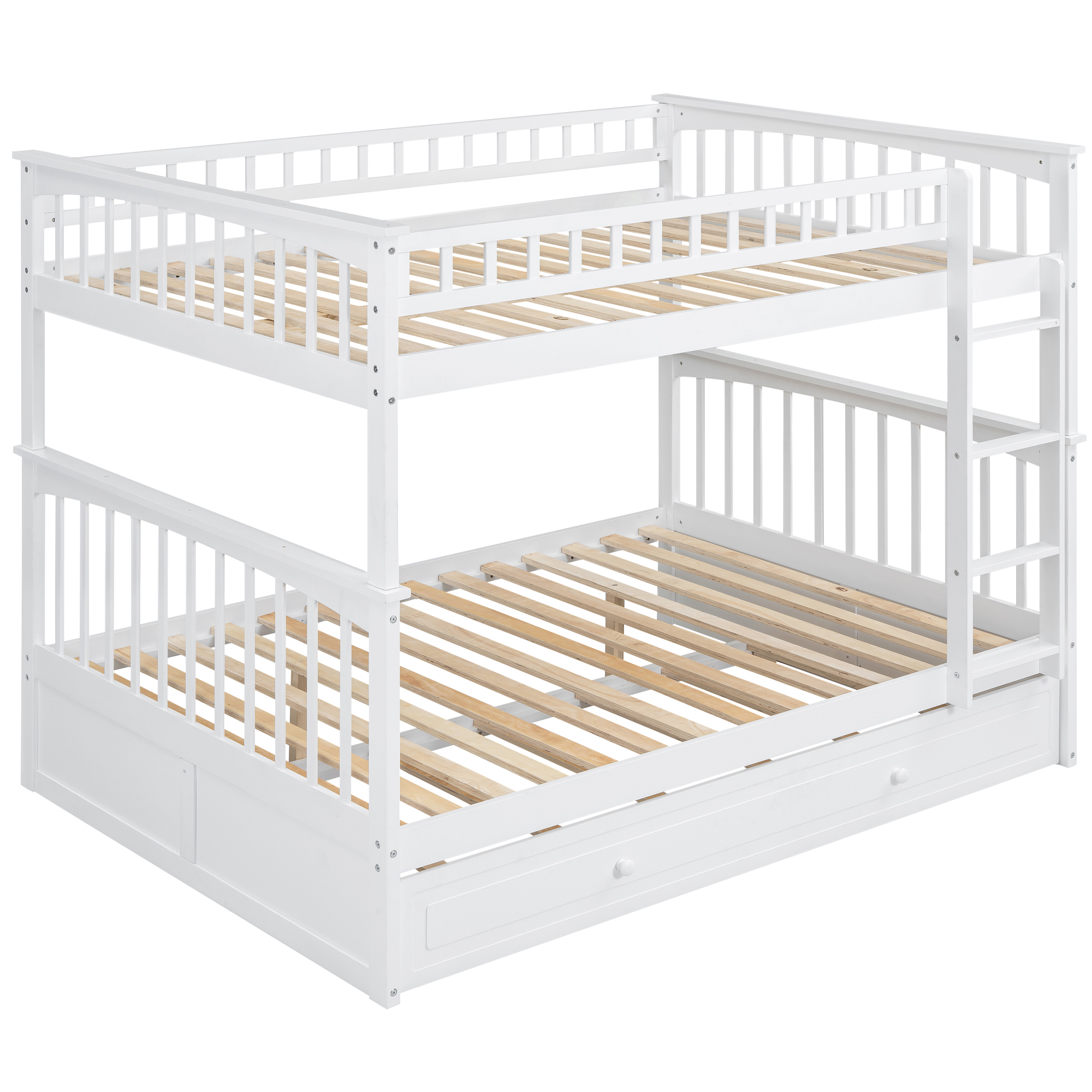 Full over Full Bunk Bed with Twin Size Trundle, Convertible Beds, White/Gray
