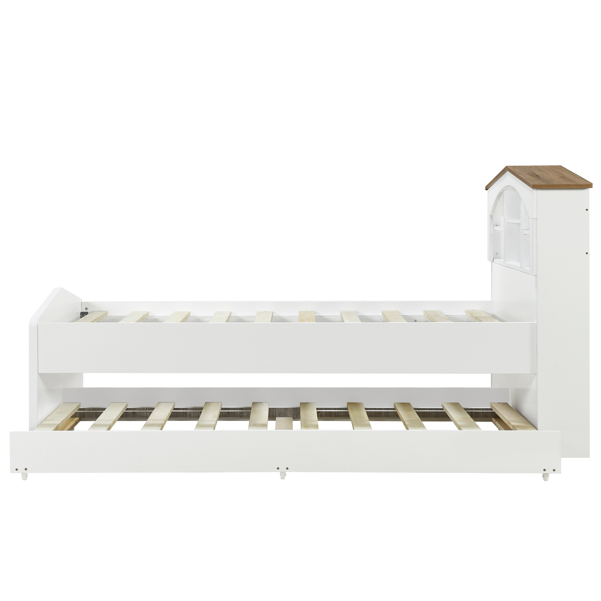 Twin Size Wood Platform Bed with House-shaped Storage Headboard and Trundle, White/Gray