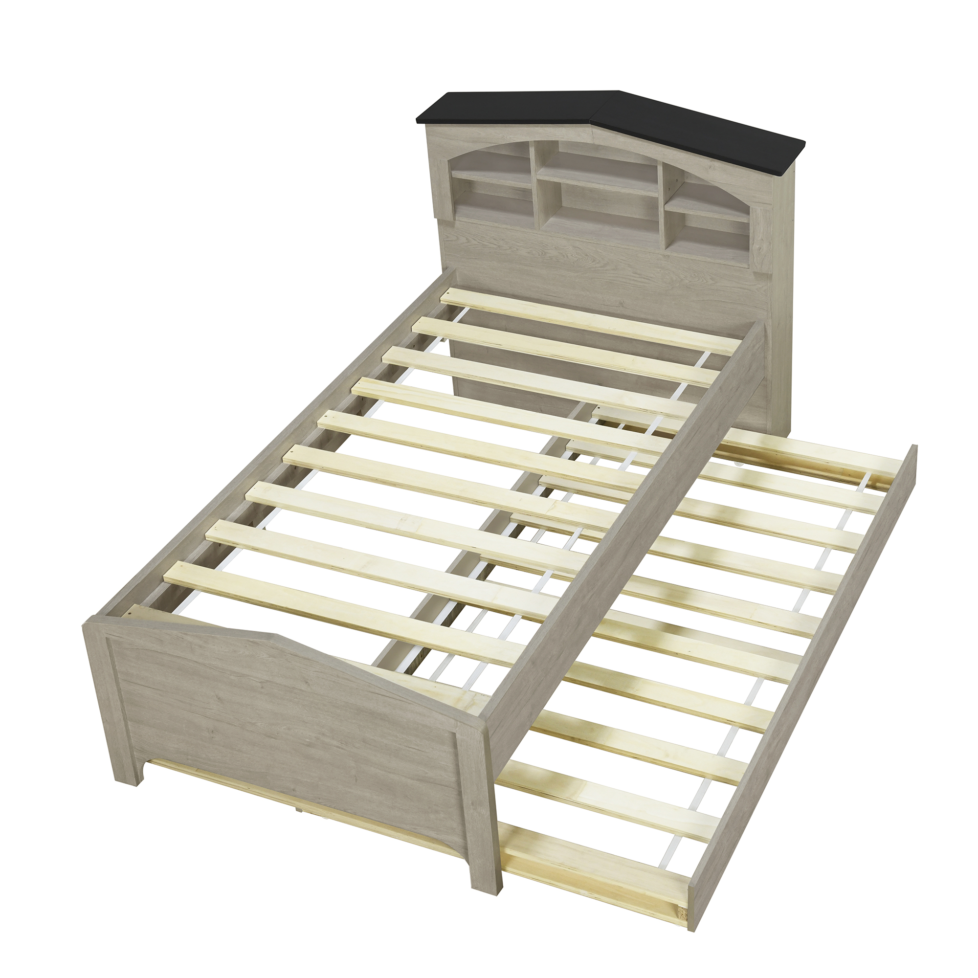 Twin Size Wood Platform Bed with House-shaped Storage Headboard and Trundle, White/Gray