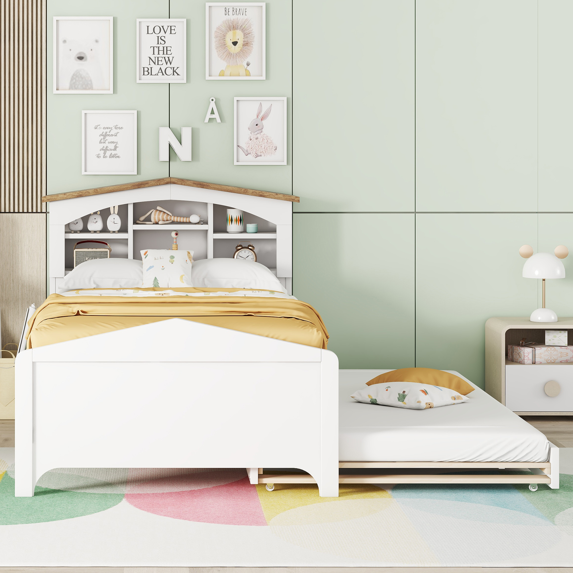 Twin Size Wood Platform Bed with House-shaped Storage Headboard and Trundle, White/Gray