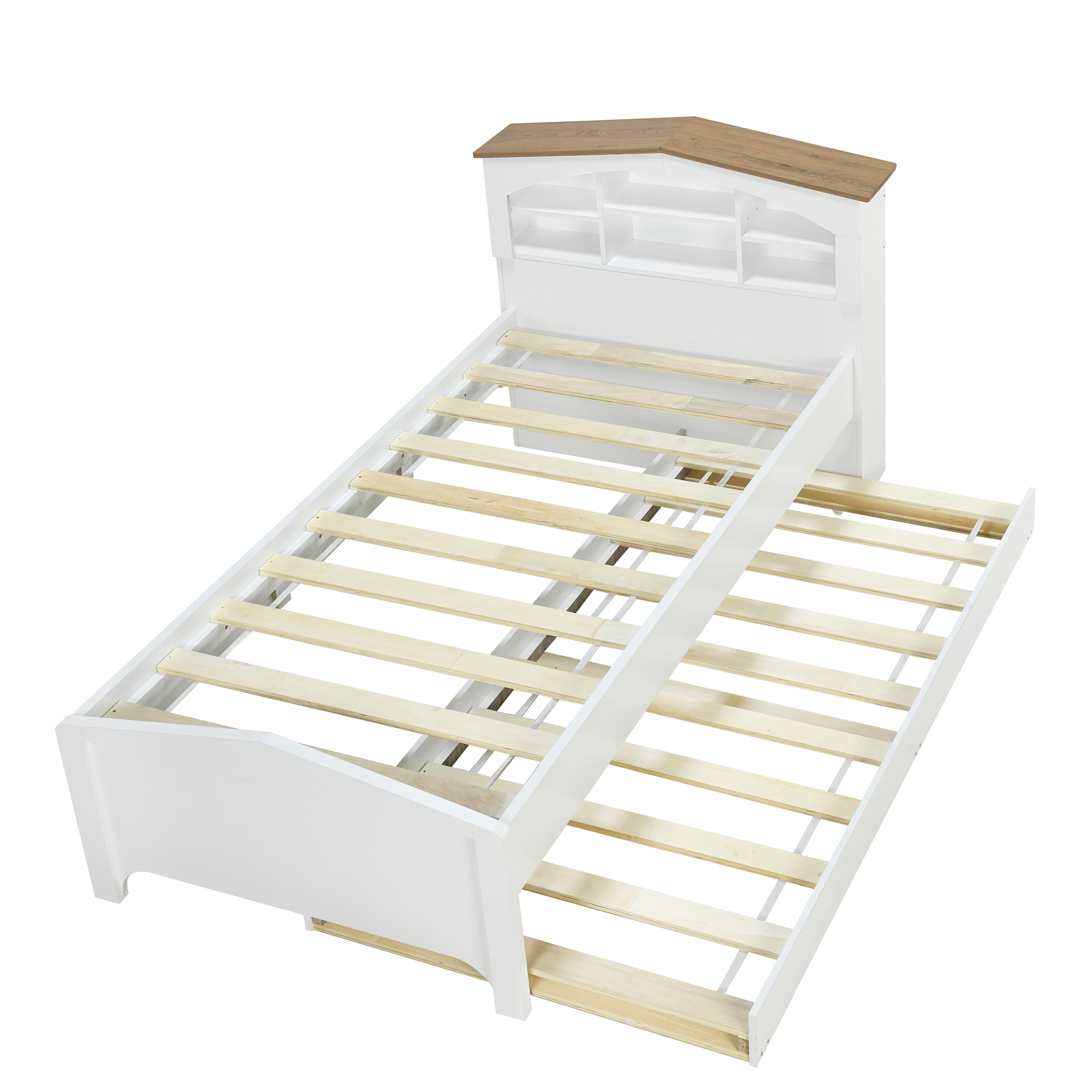 Twin Size Wood Platform Bed with House-shaped Storage Headboard and Trundle, White/Gray