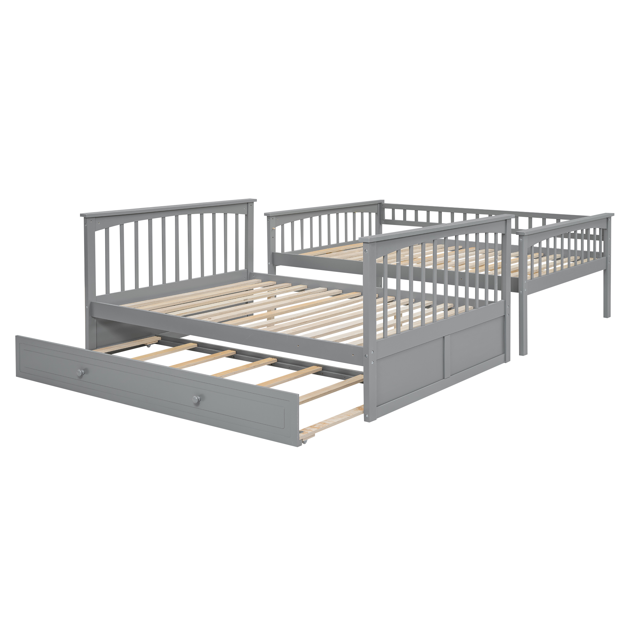 Full over Full Bunk Bed with Twin Size Trundle, Convertible Beds, White/Gray