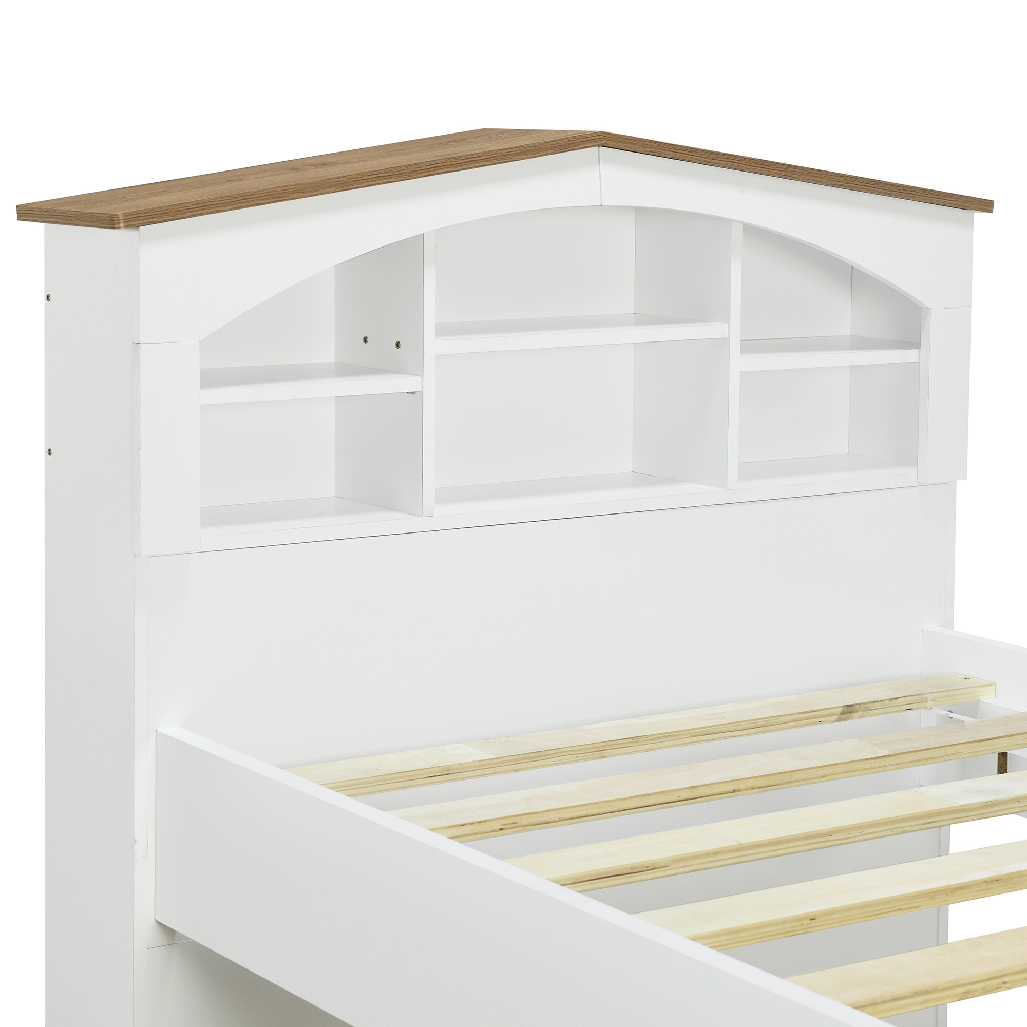 Twin Size Wood Platform Bed with House-shaped Storage Headboard and Trundle, White/Gray