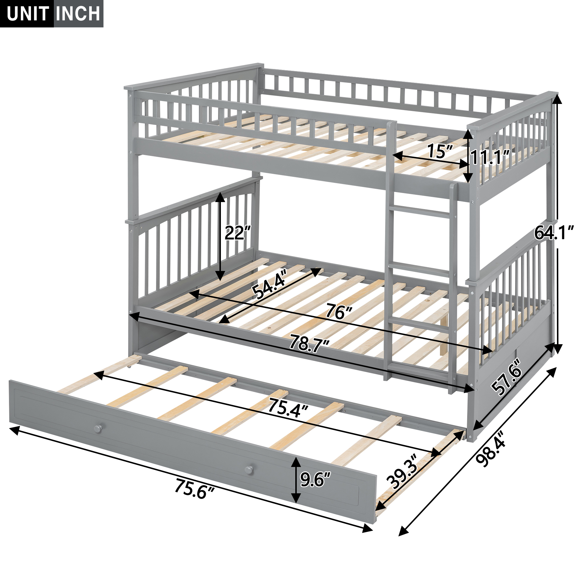 Full over Full Bunk Bed with Twin Size Trundle, Convertible Beds, White/Gray
