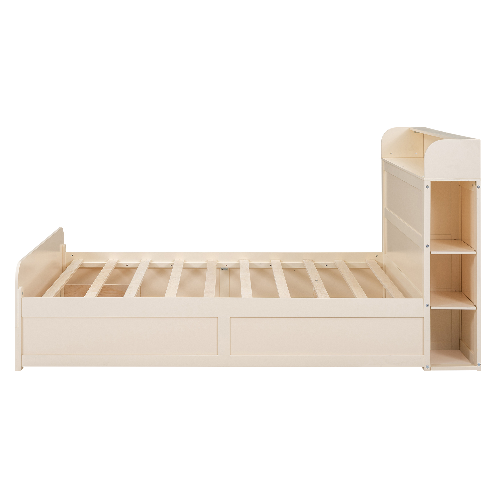 Full Size Platform Bed with Storage Headboard and a Big Drawer, Cream/Wood