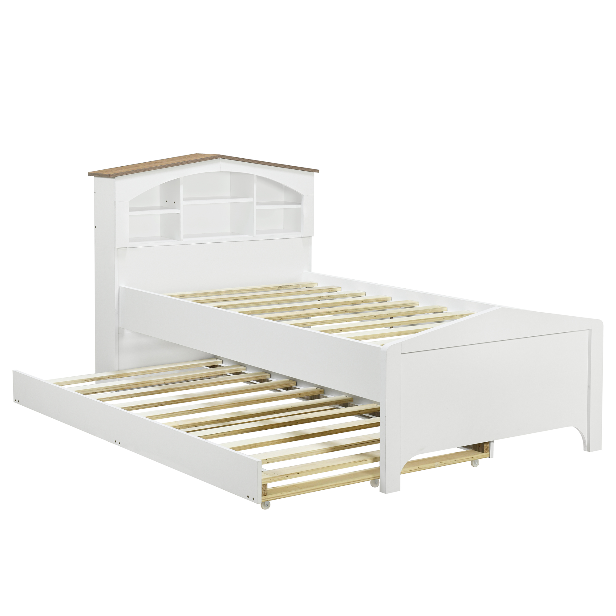 Twin Size Wood Platform Bed with House-shaped Storage Headboard and Trundle, White/Gray