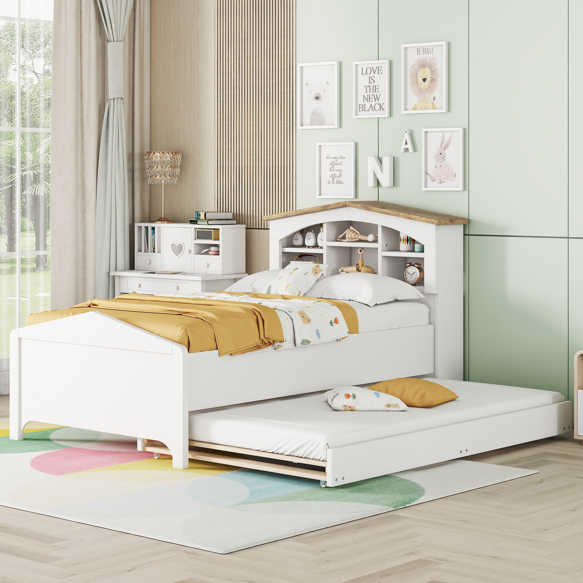 Twin Size Wood Platform Bed with House-shaped Storage Headboard and Trundle, White/Gray