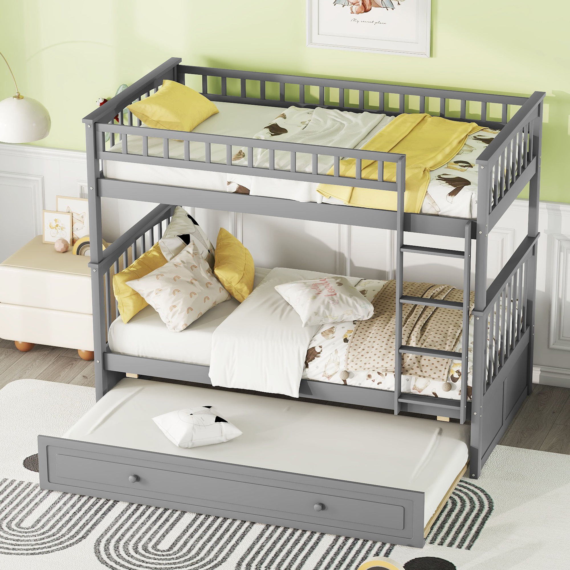 Twin over Twin Bunk Bed with Twin Size Trundle, Convertible Beds, Gray/White