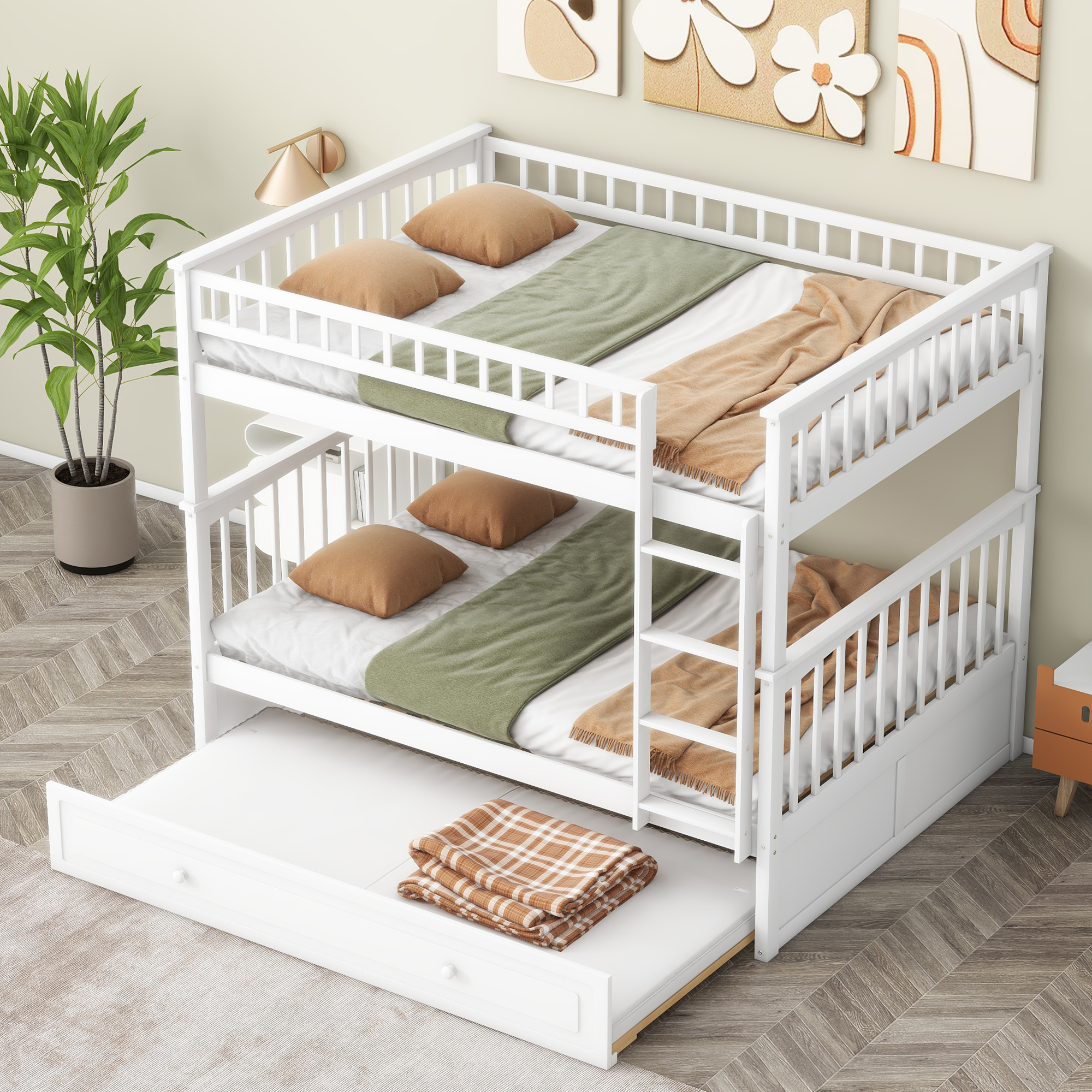 Full over Full Bunk Bed with Twin Size Trundle, Convertible Beds, White/Gray