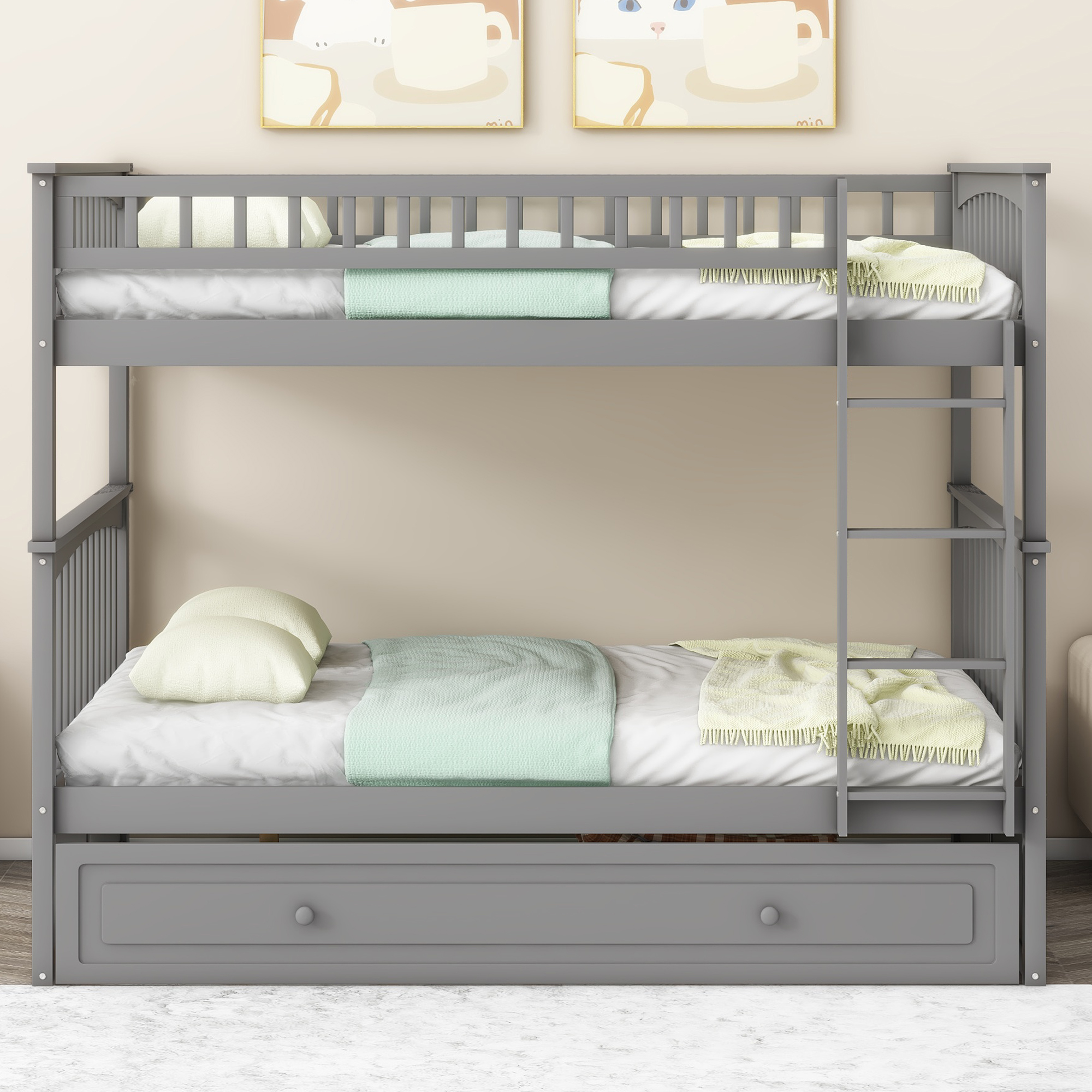 Full over Full Bunk Bed with Twin Size Trundle, Convertible Beds, White/Gray