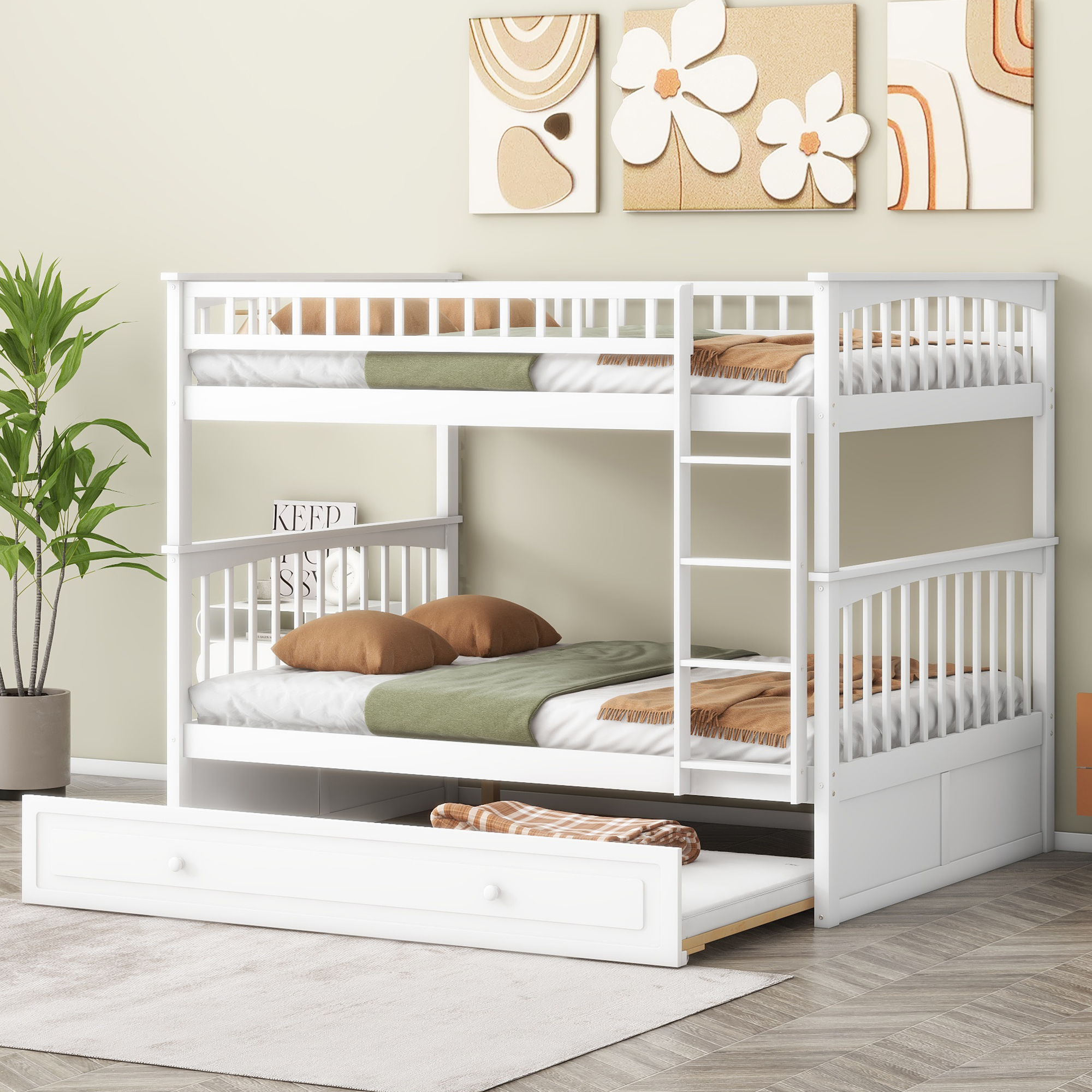 Full over Full Bunk Bed with Twin Size Trundle, Convertible Beds, White/Gray