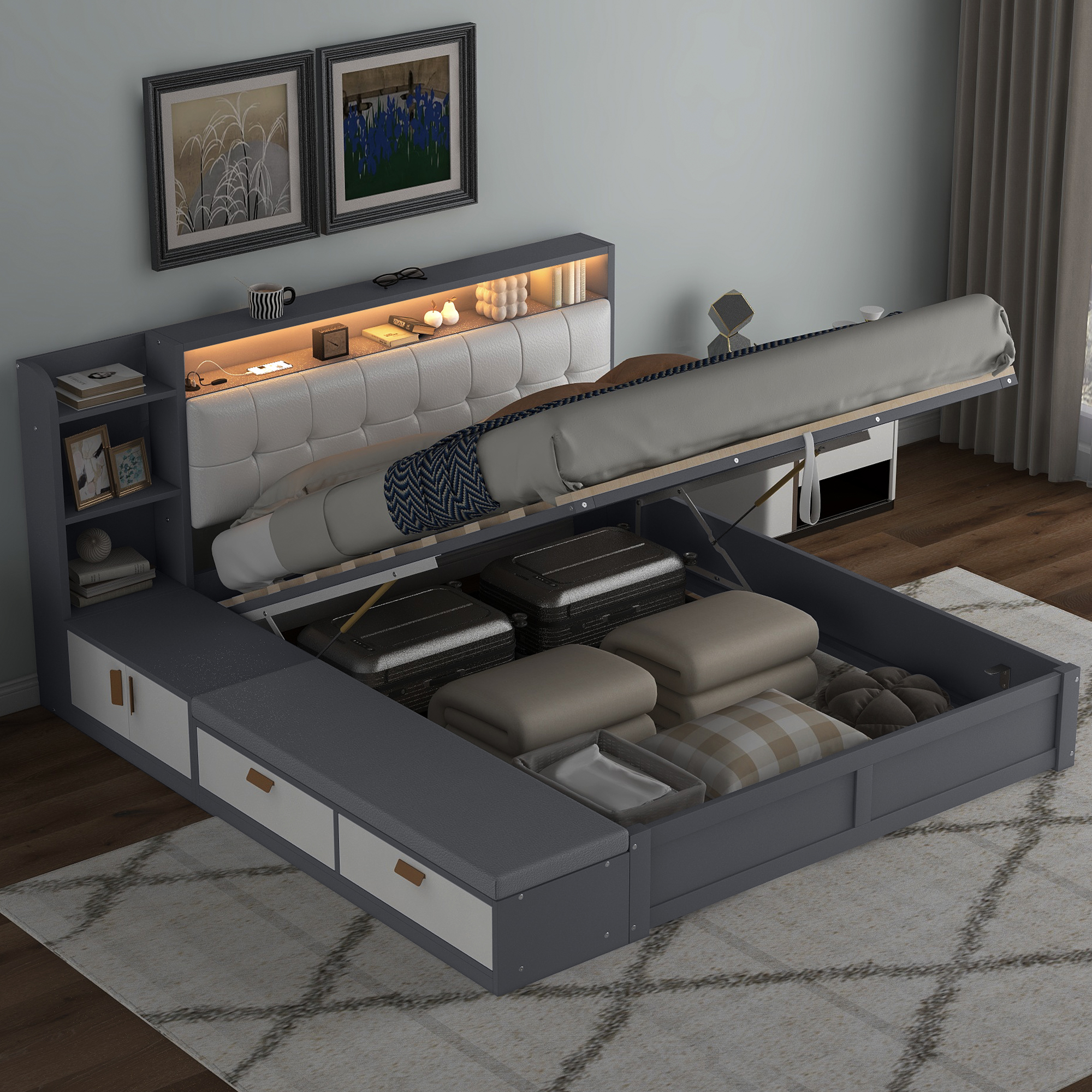 Queen Size Platform Bed Frame with Upholstery Headboard and Storage Shelves and,USB Charging,Gray 