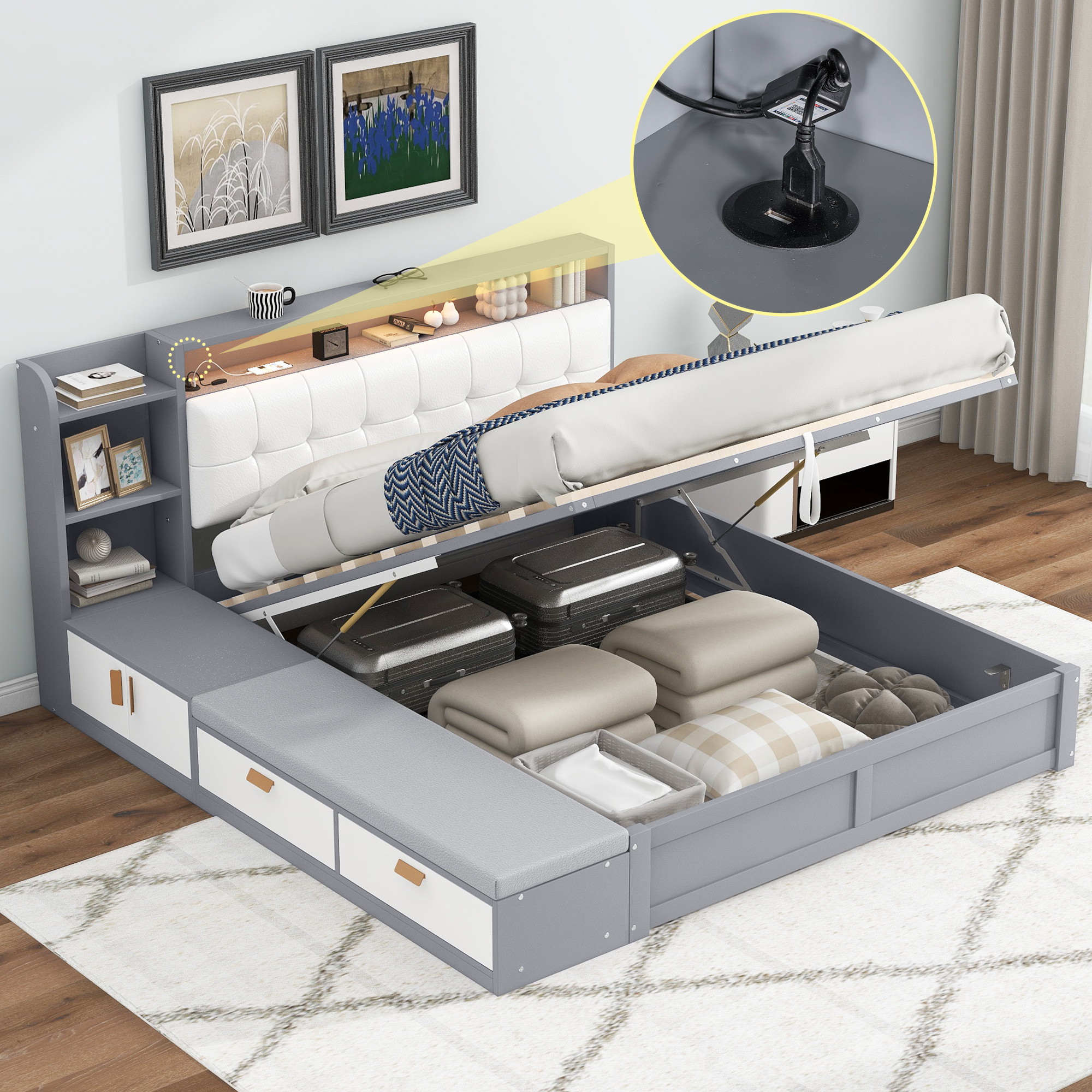 Queen Size Platform Bed Frame with Upholstery Headboard and Storage Shelves and,USB Charging,Gray 