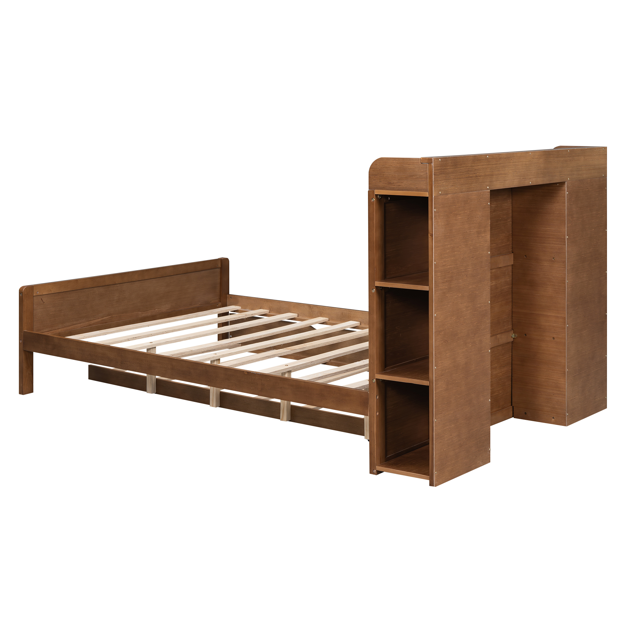 Boyel Living Full Size Platform Bed with Storage Headboard and Twin Size Trundle, White/Walnut 
