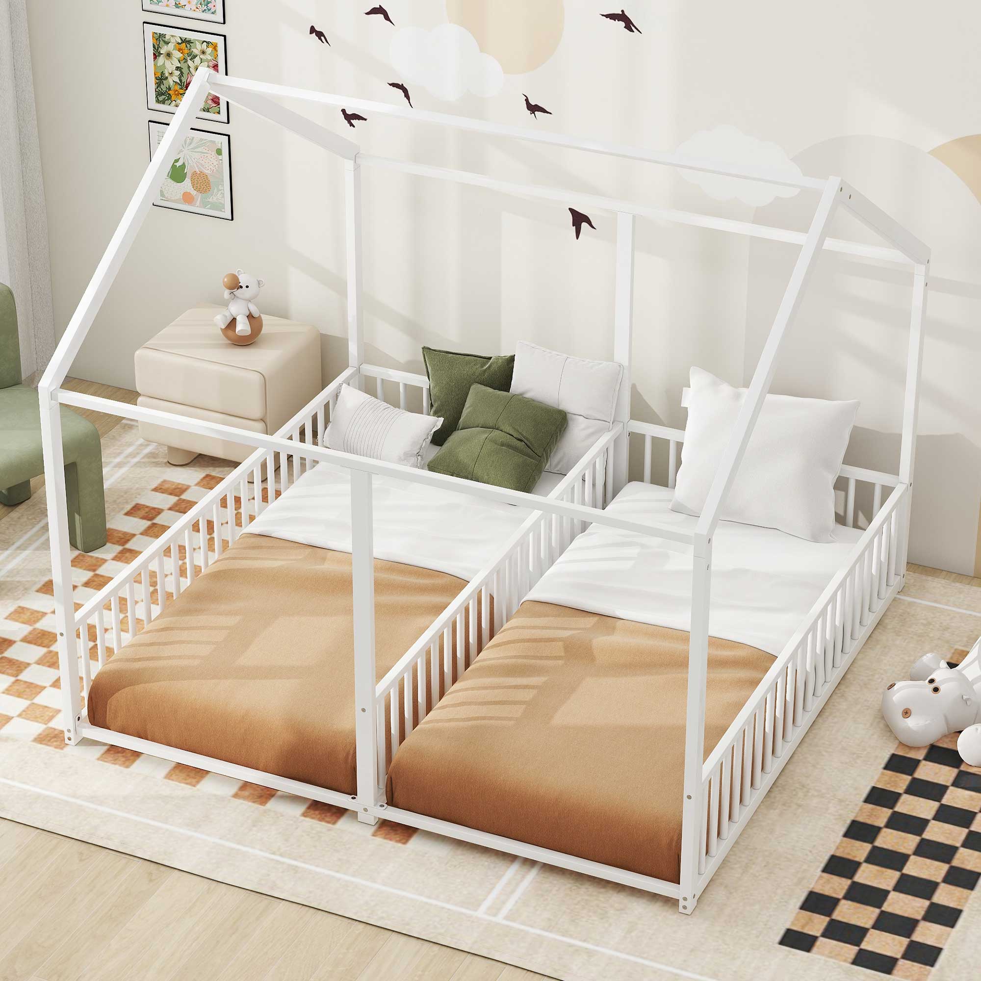 Metal Twin Size House Platform Beds, Two Shared Beds, White 