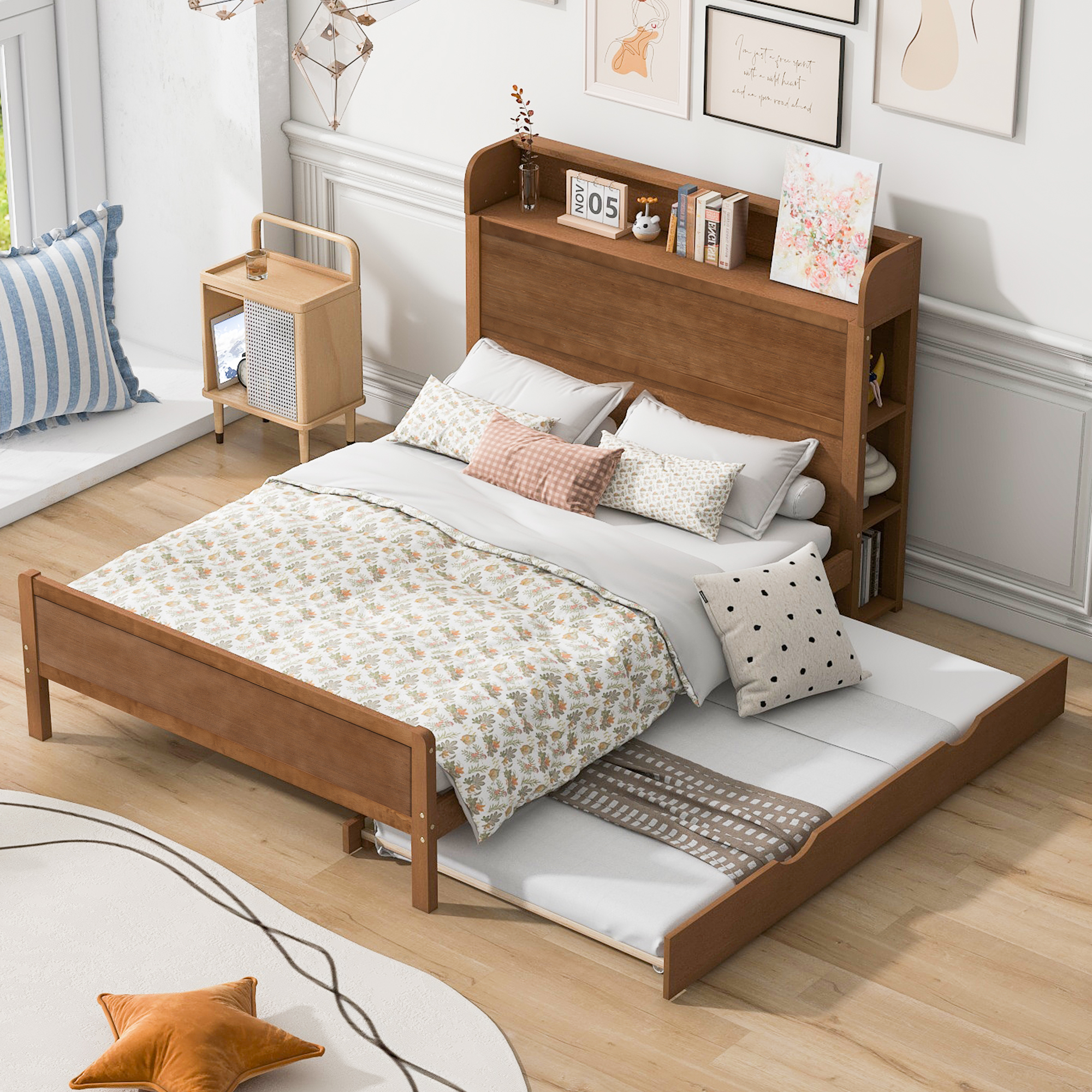 Boyel Living Full Size Platform Bed with Storage Headboard and Twin Size Trundle, White/Walnut 