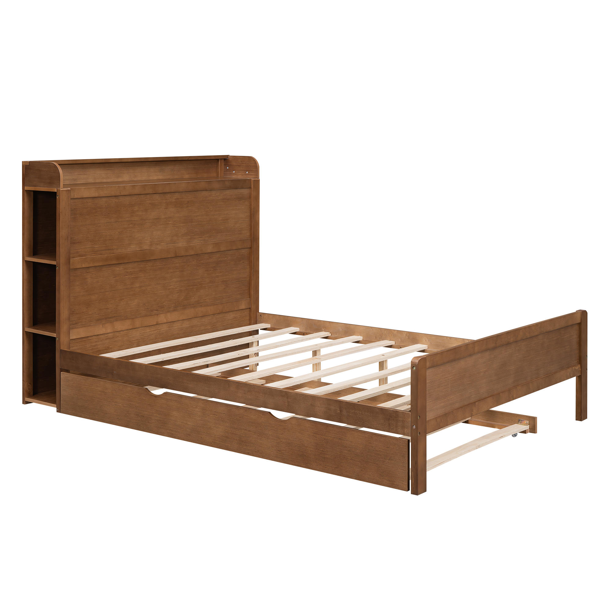 Boyel Living Full Size Platform Bed with Storage Headboard and Twin Size Trundle, White/Walnut 