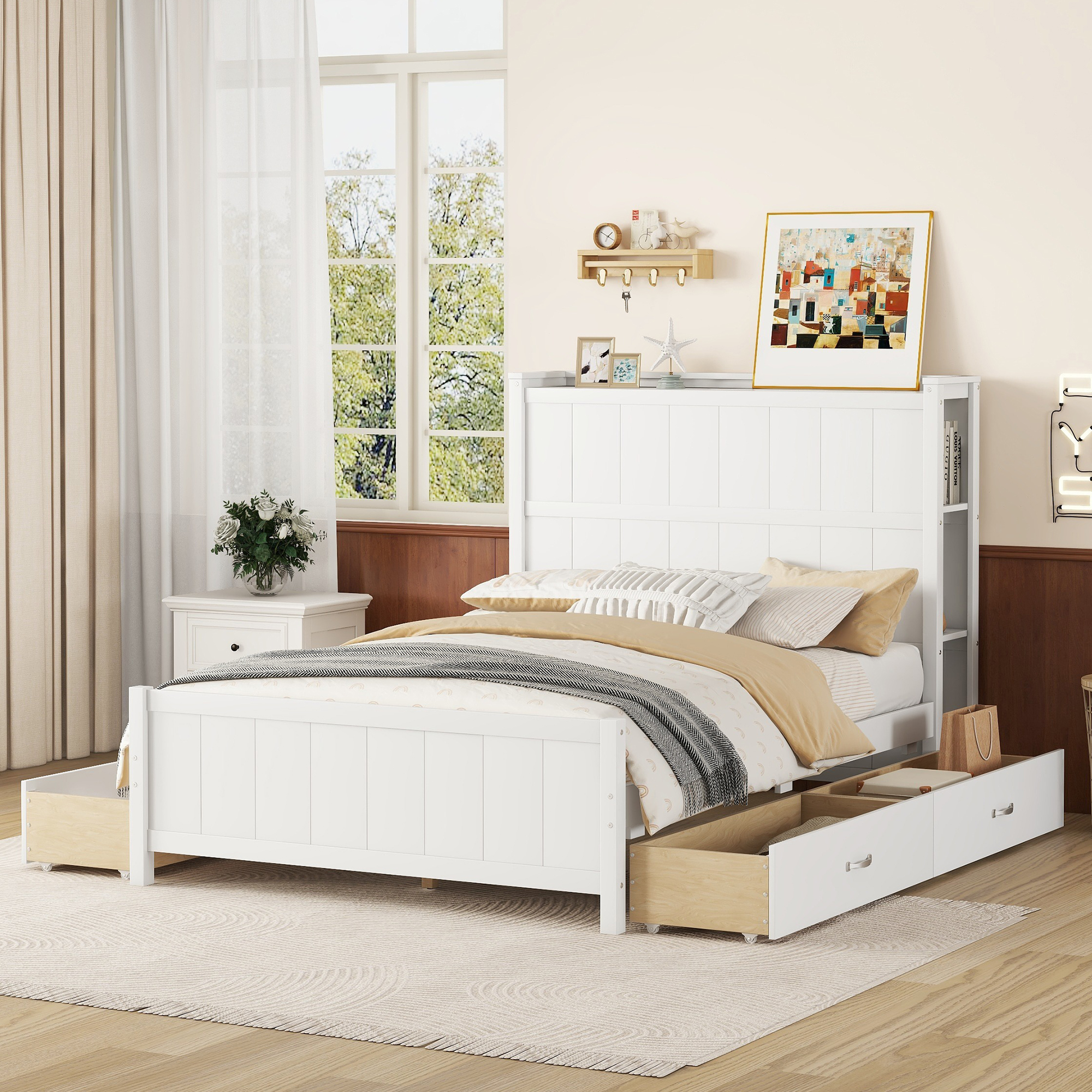  Boyel Living Full Size Platform Bed with Drawers and Storage Shelves, White/Gray
