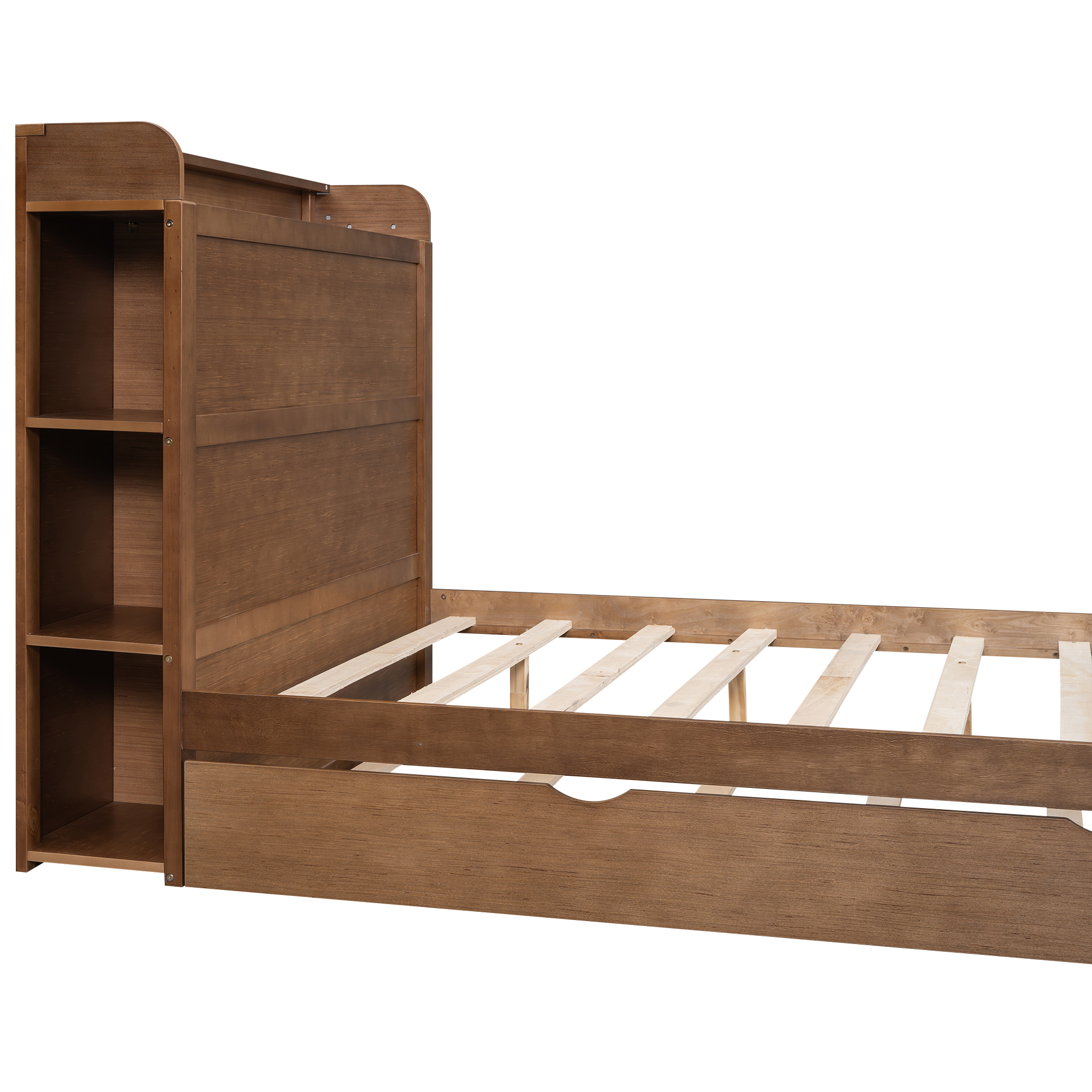 Boyel Living Full Size Platform Bed with Storage Headboard and Twin Size Trundle, White/Walnut 
