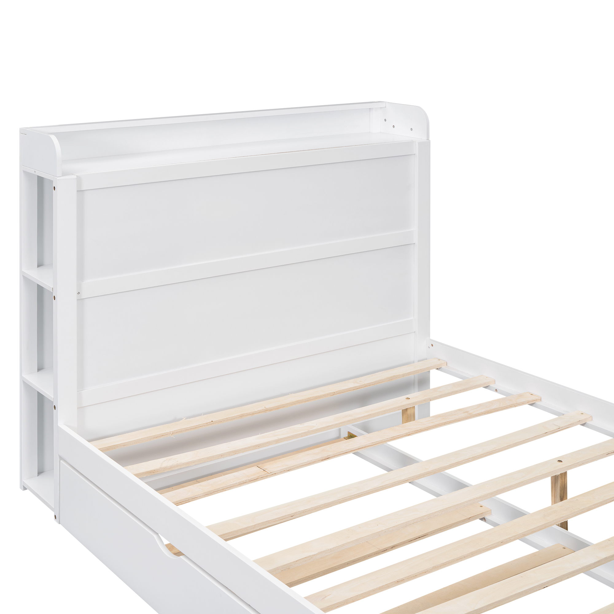 Boyel Living Full Size Platform Bed with Storage Headboard and Twin Size Trundle, White/Walnut 