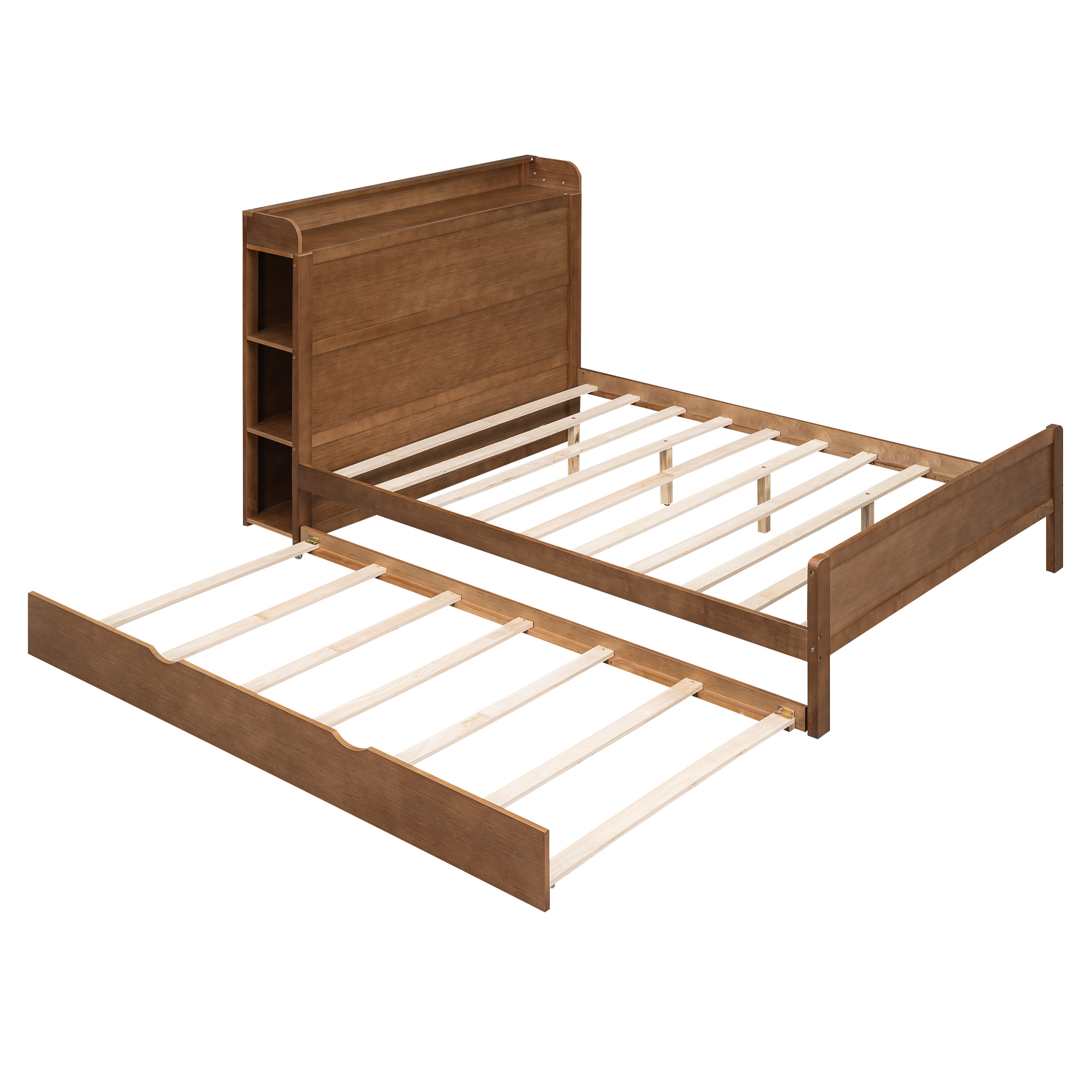 Boyel Living Full Size Platform Bed with Storage Headboard and Twin Size Trundle, White/Walnut 