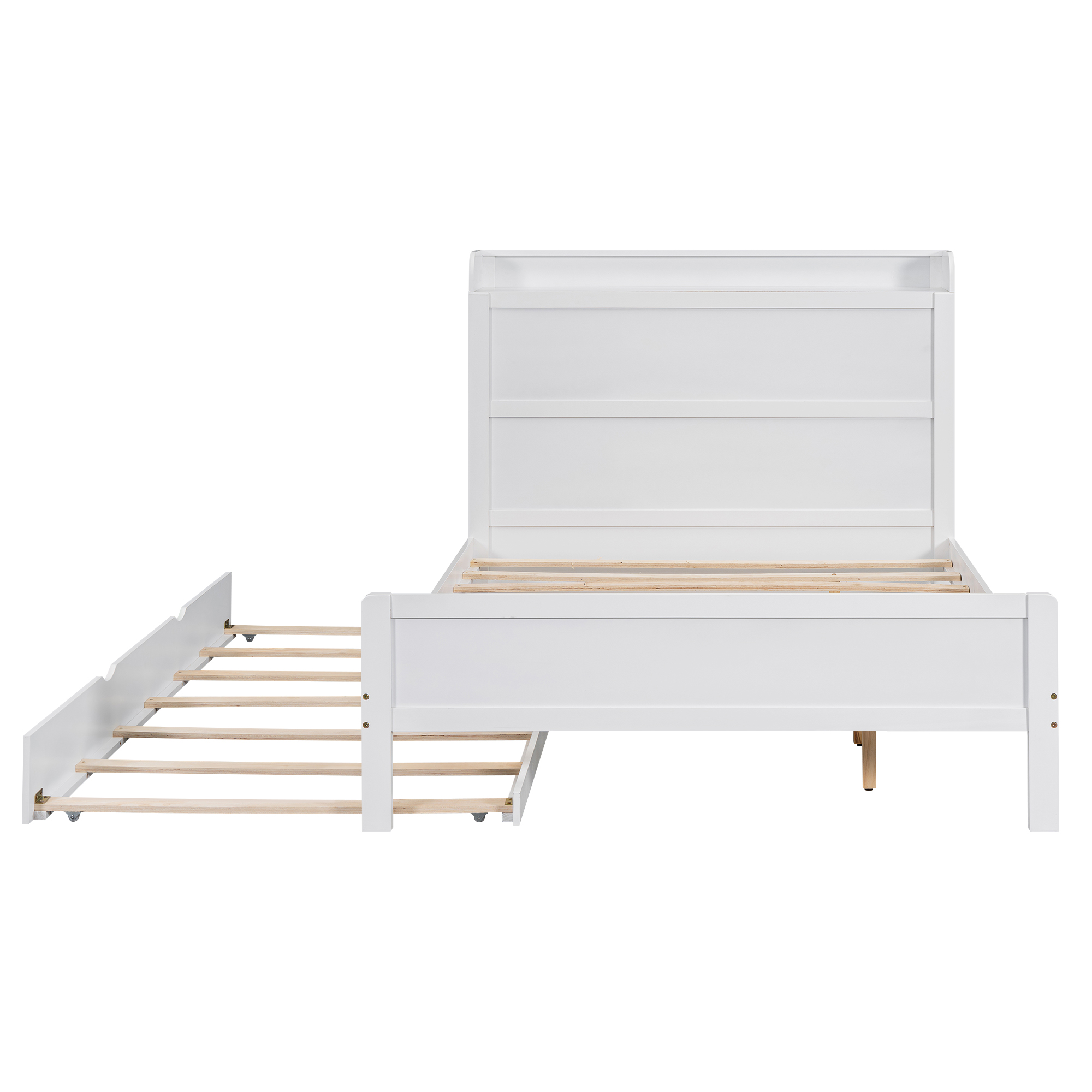 Boyel Living Full Size Platform Bed with Storage Headboard and Twin Size Trundle, White/Walnut 