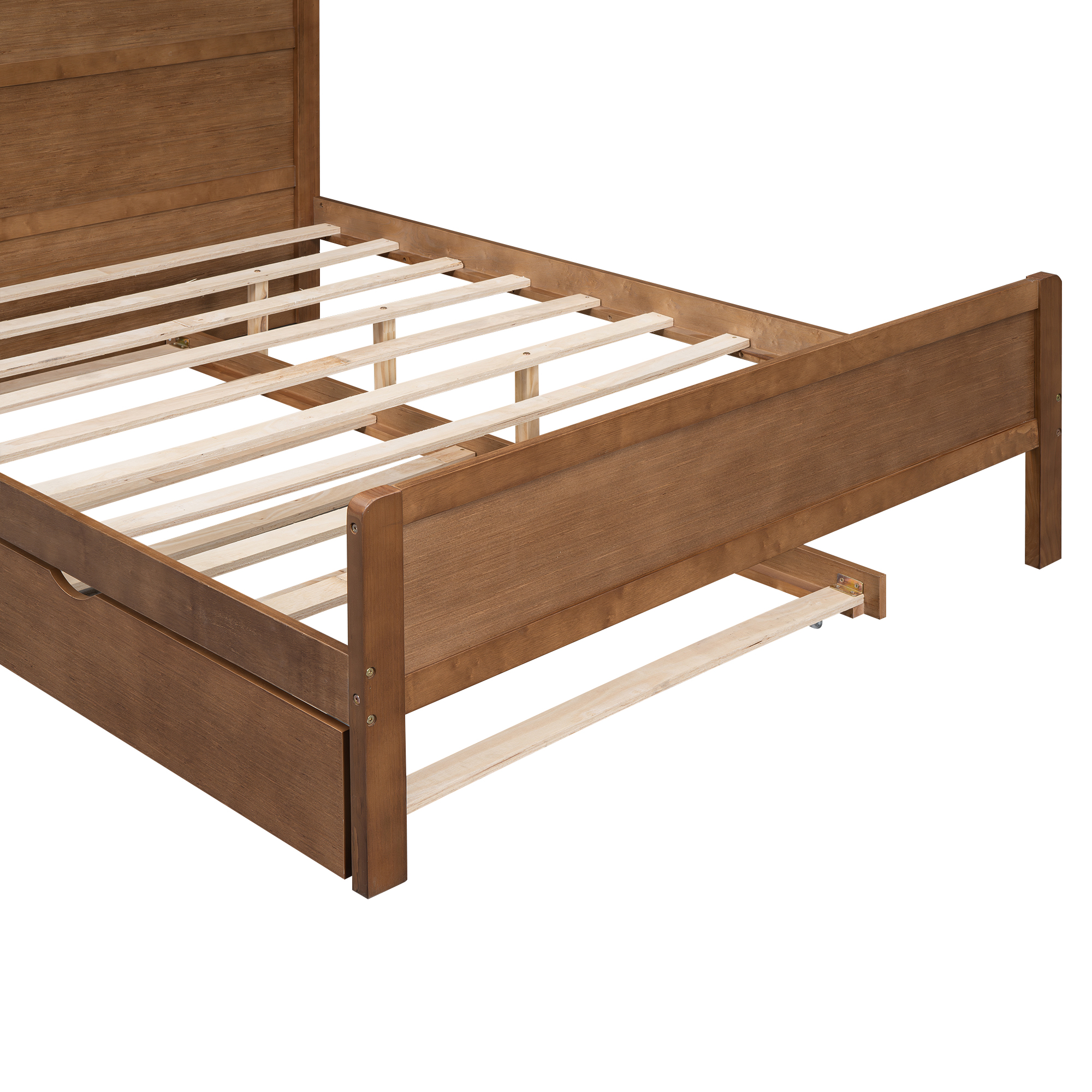 Boyel Living Full Size Platform Bed with Storage Headboard and Twin Size Trundle, White/Walnut 