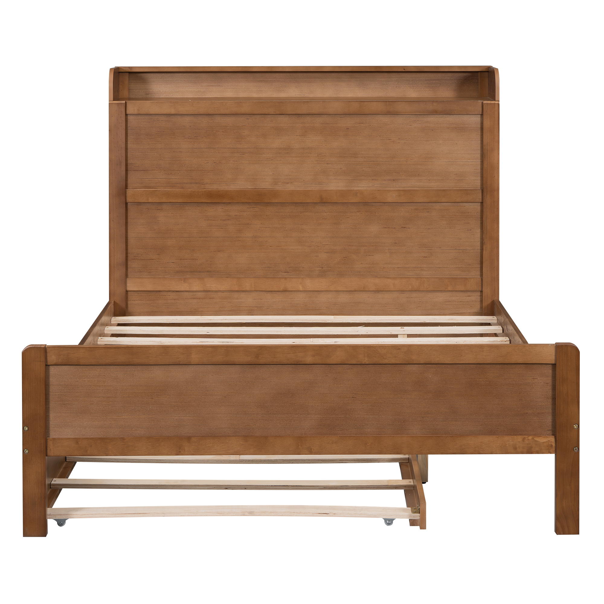Boyel Living Full Size Platform Bed with Storage Headboard and Twin Size Trundle, White/Walnut 