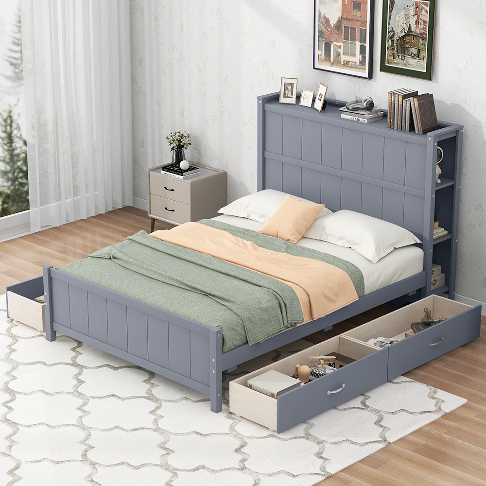  Boyel Living Full Size Platform Bed with Drawers and Storage Shelves, White/Gray