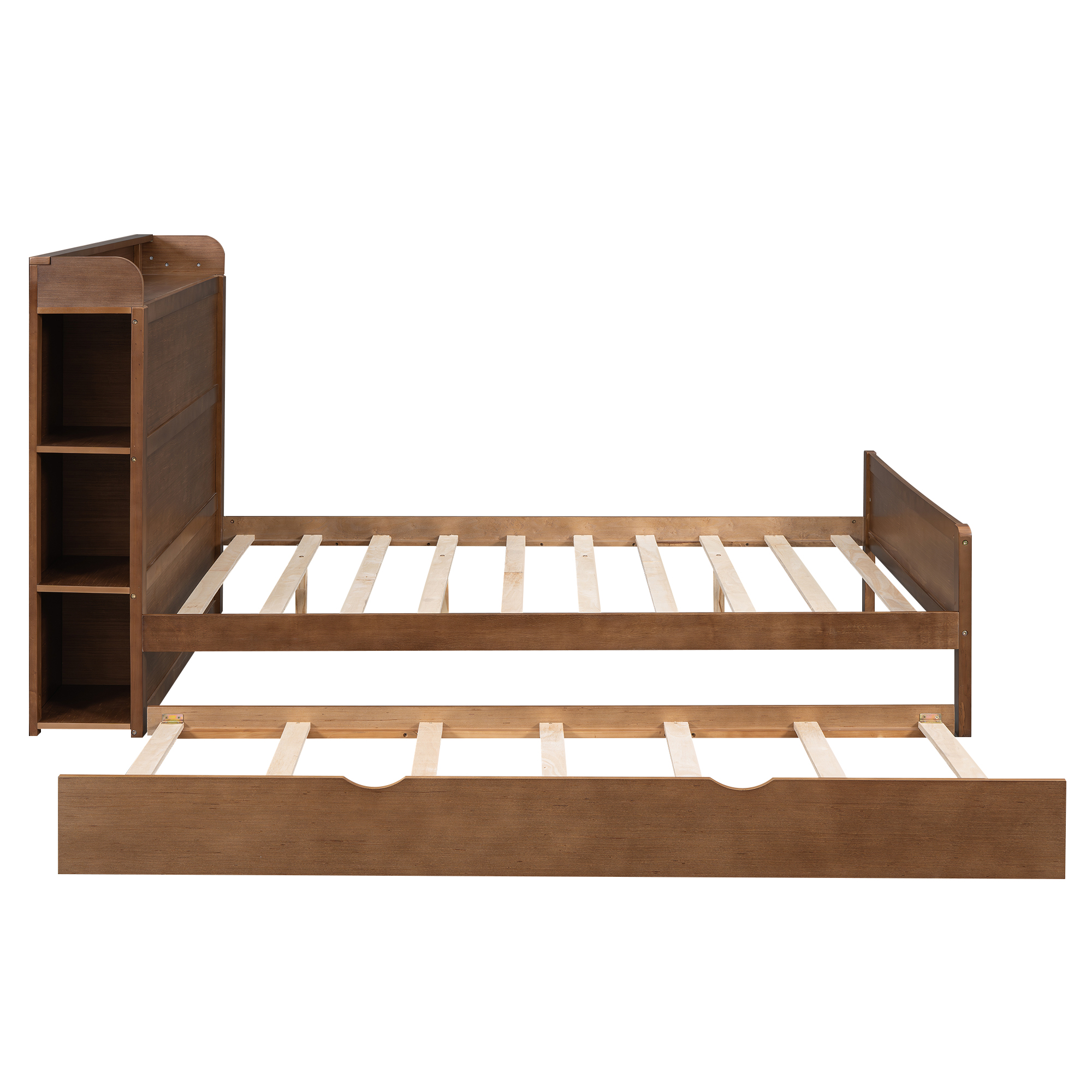 Boyel Living Full Size Platform Bed with Storage Headboard and Twin Size Trundle, White/Walnut 