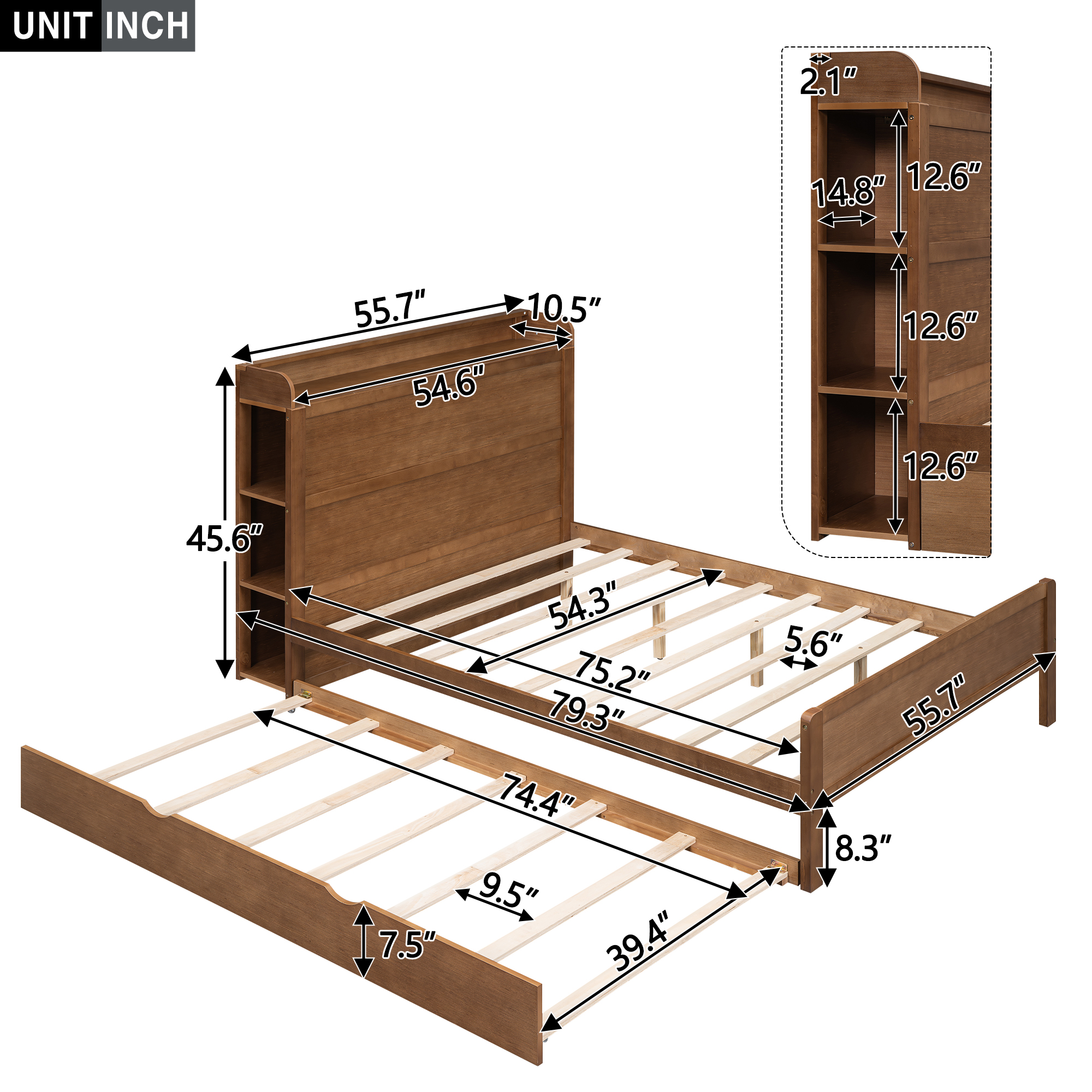 Boyel Living Full Size Platform Bed with Storage Headboard and Twin Size Trundle, White/Walnut 
