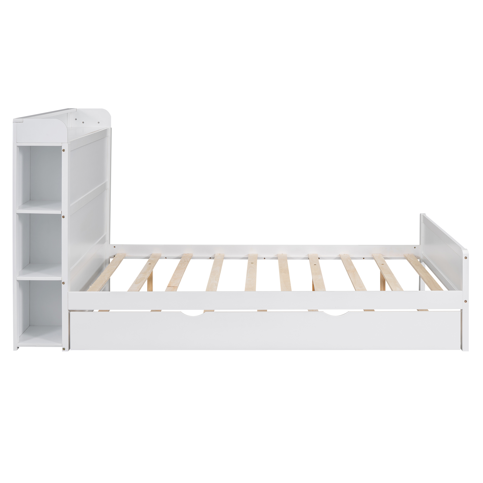 Boyel Living Full Size Platform Bed with Storage Headboard and Twin Size Trundle, White/Walnut 
