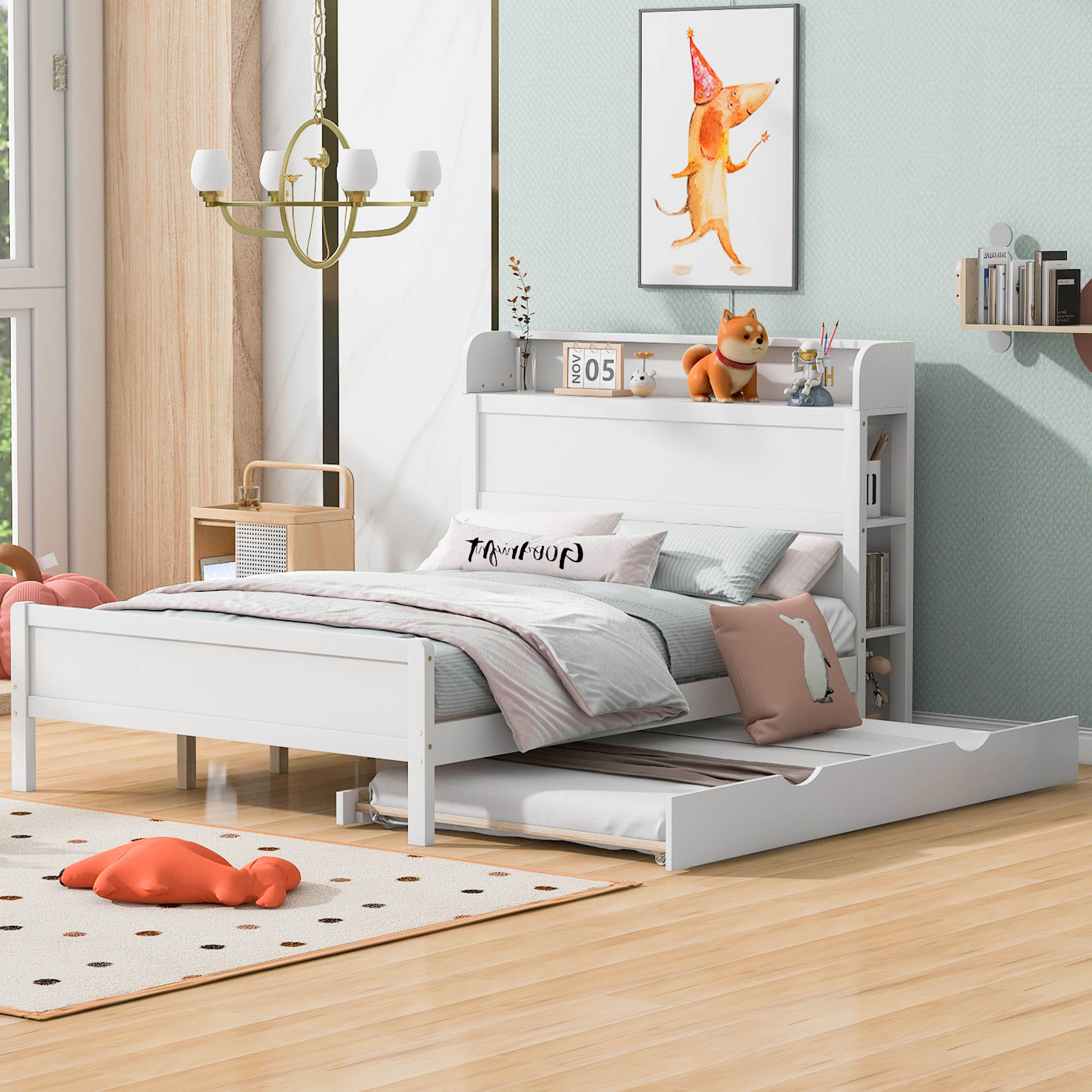 Boyel Living Full Size Platform Bed with Storage Headboard and Twin Size Trundle, White/Walnut 