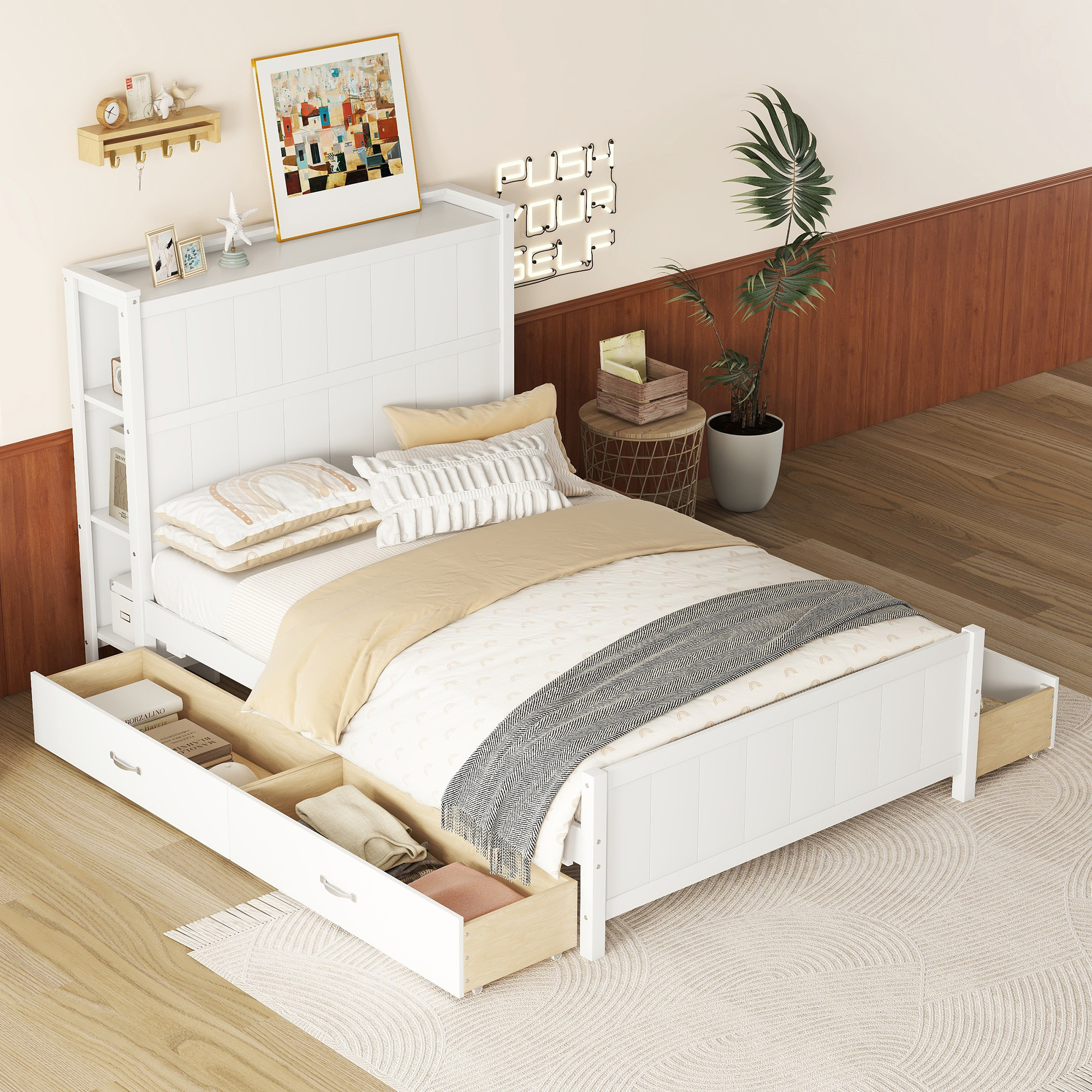  Boyel Living Full Size Platform Bed with Drawers and Storage Shelves, White/Gray