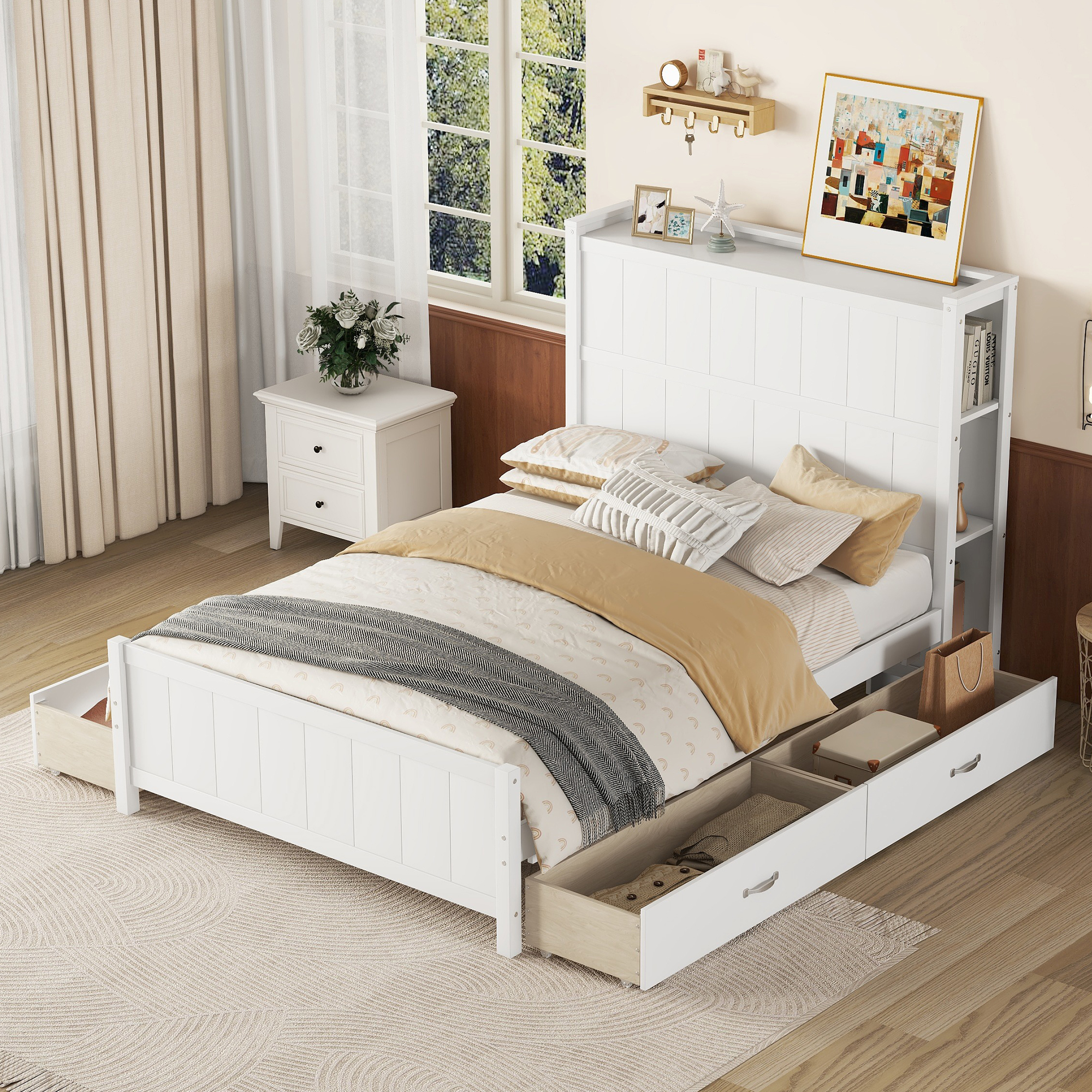  Boyel Living Full Size Platform Bed with Drawers and Storage Shelves, White/Gray