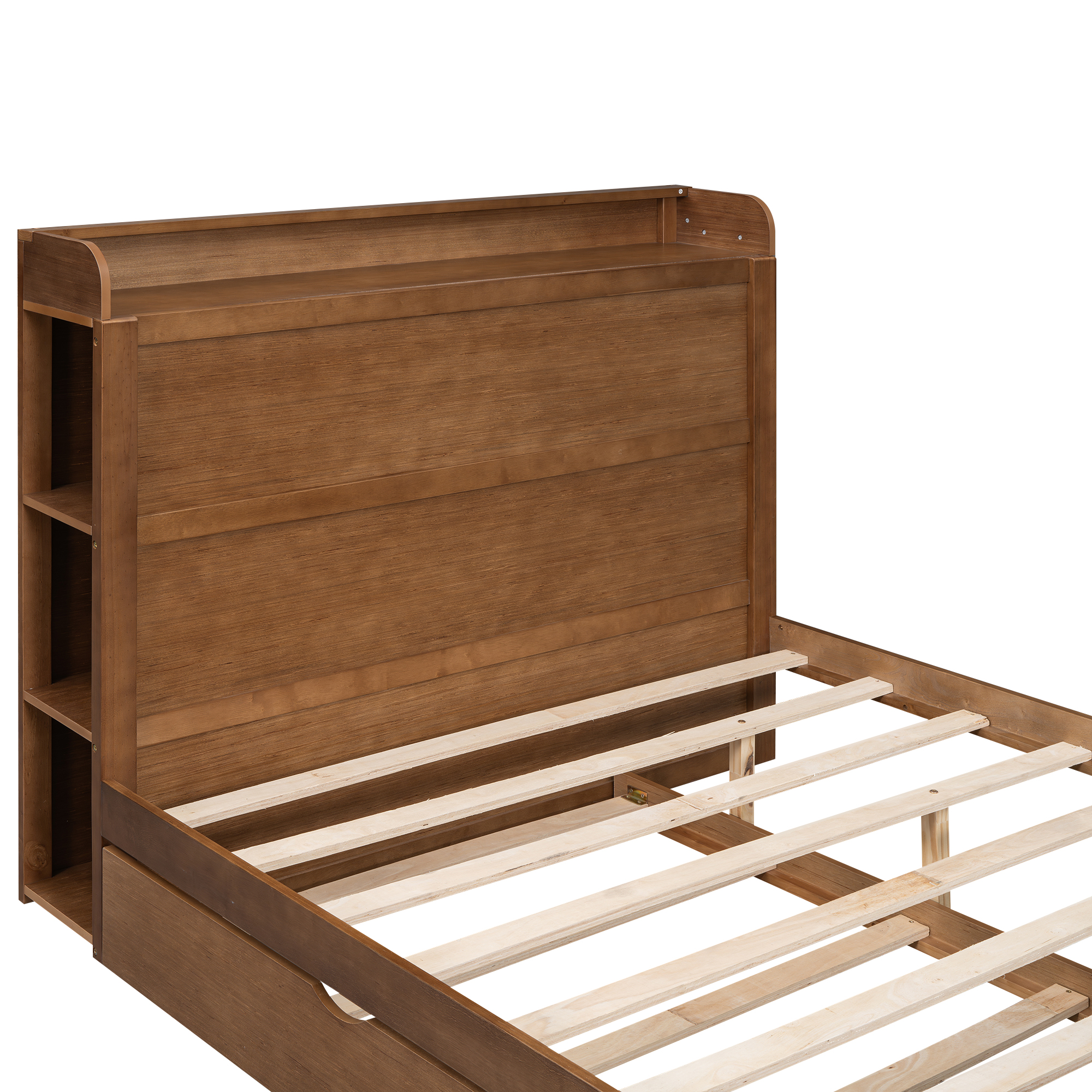 Boyel Living Full Size Platform Bed with Storage Headboard and Twin Size Trundle, White/Walnut 