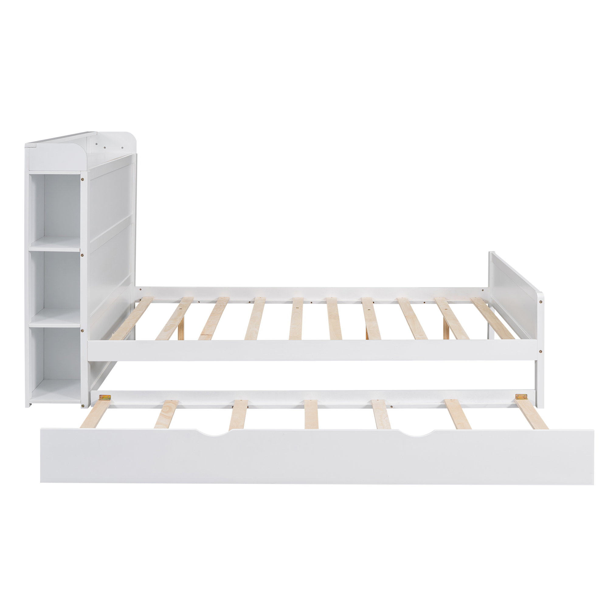 Boyel Living Full Size Platform Bed with Storage Headboard and Twin Size Trundle, White/Walnut 