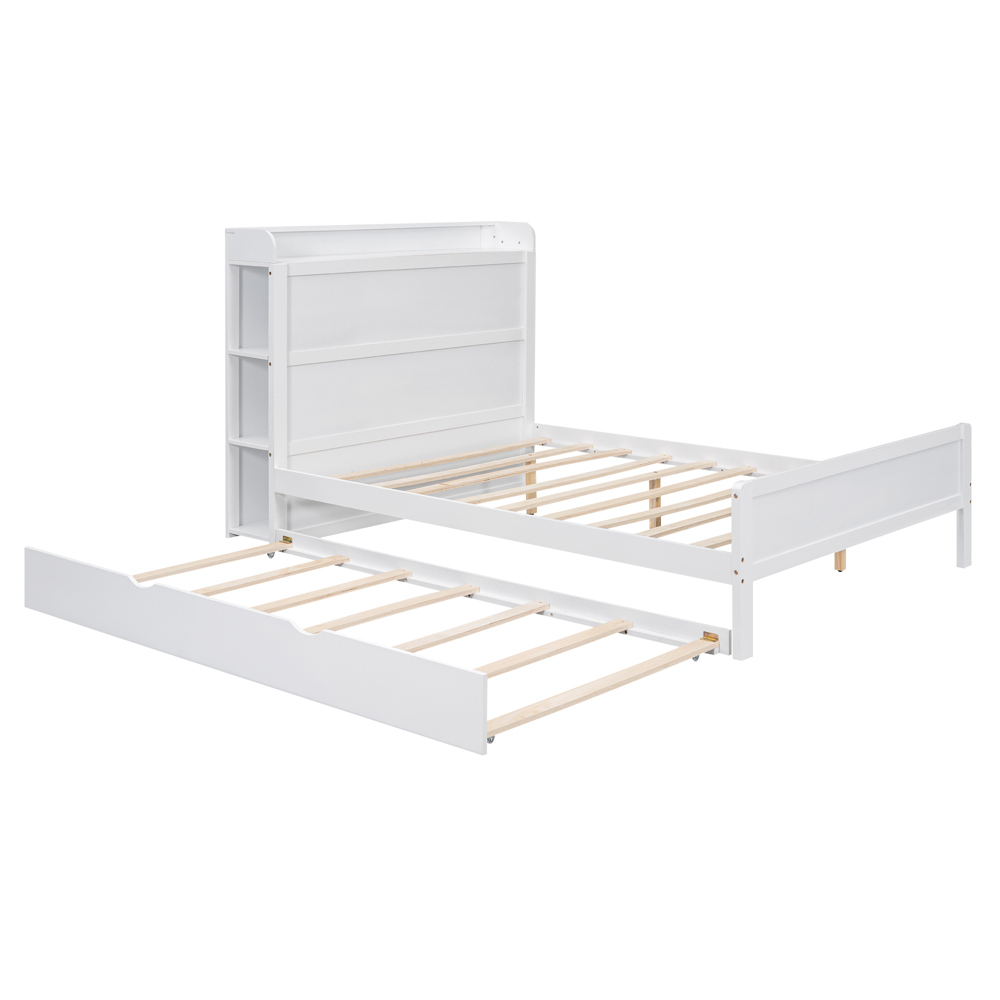 Boyel Living Full Size Platform Bed with Storage Headboard and Twin Size Trundle, White/Walnut 