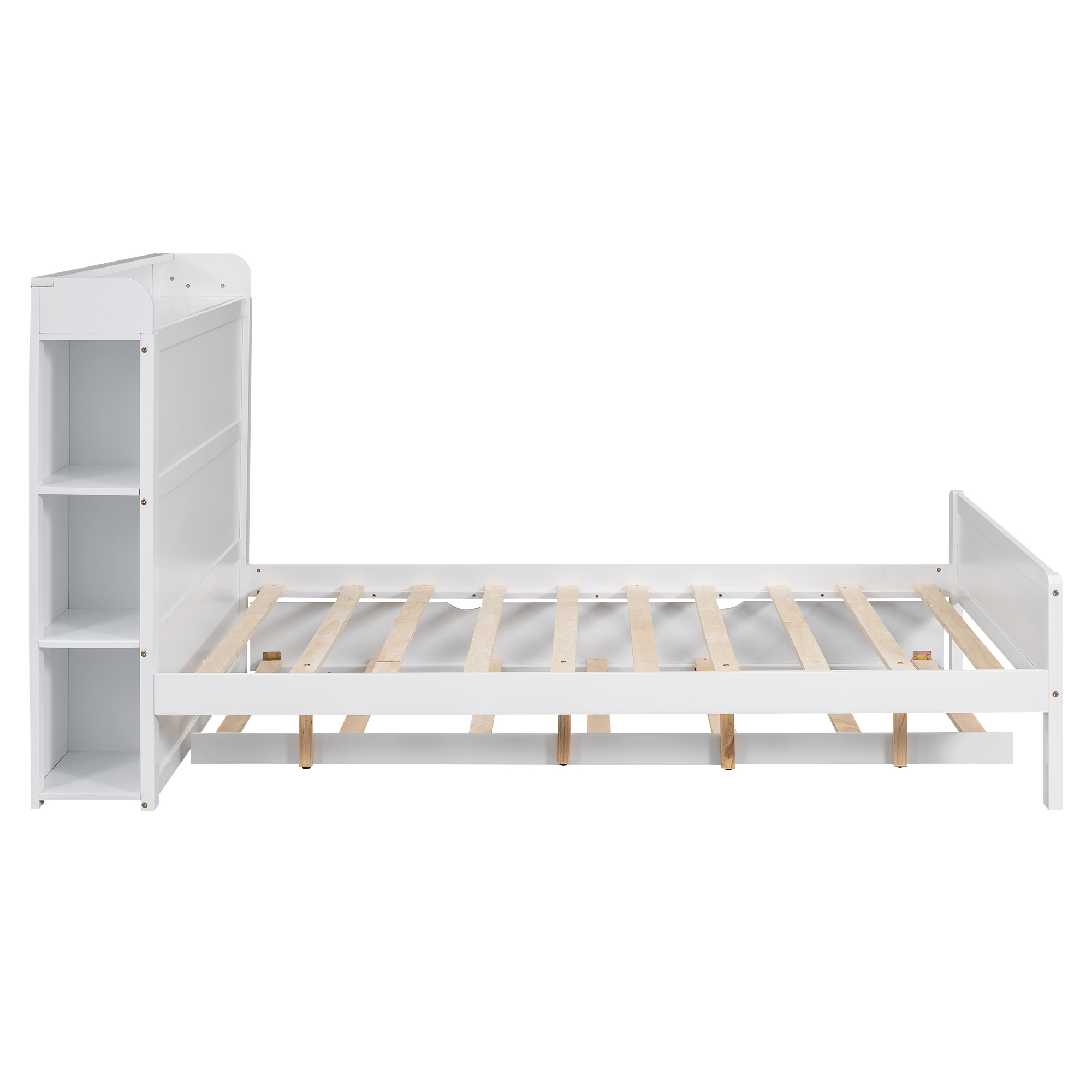 Boyel Living Full Size Platform Bed with Storage Headboard and Twin Size Trundle, White/Walnut 