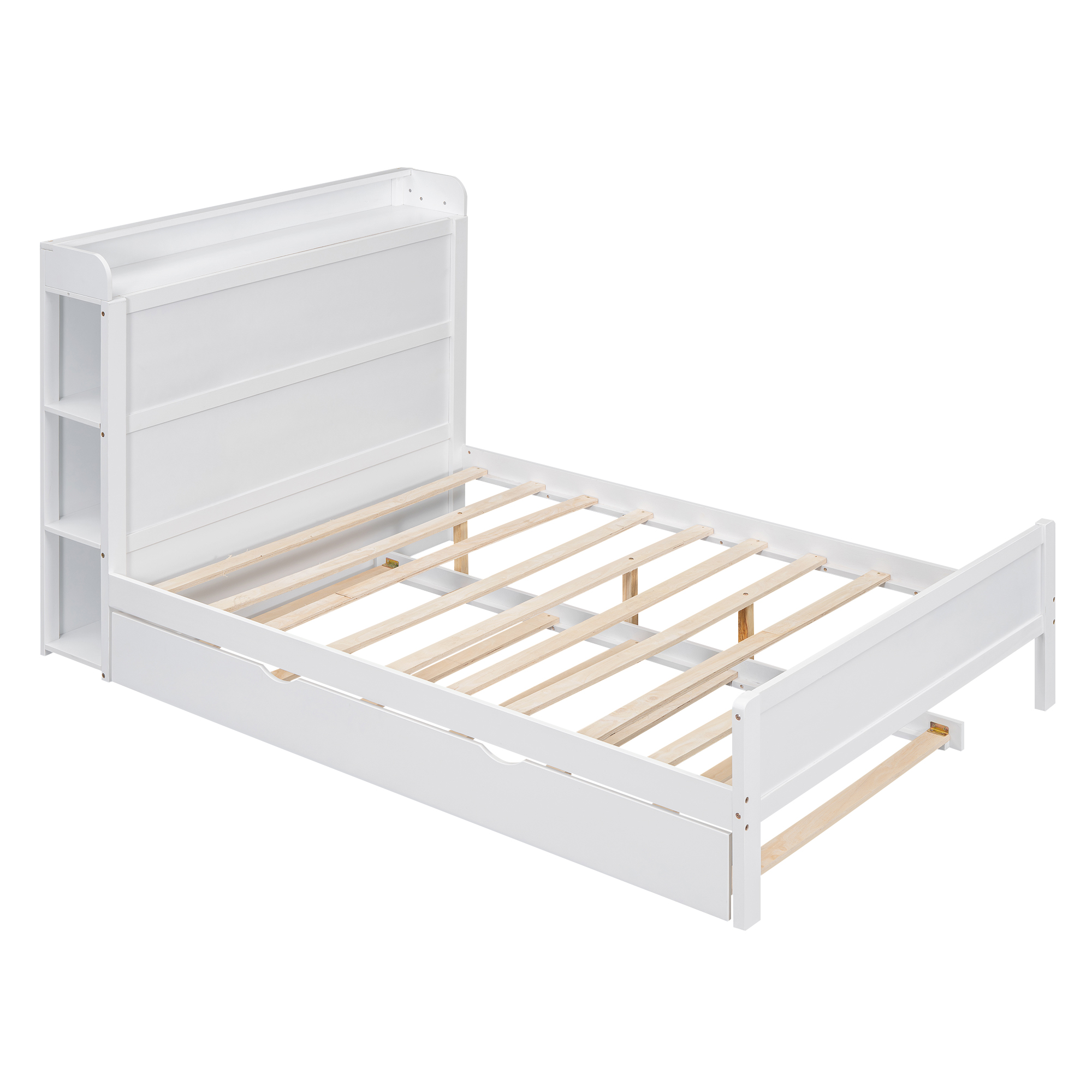 Boyel Living Full Size Platform Bed with Storage Headboard and Twin Size Trundle, White/Walnut 