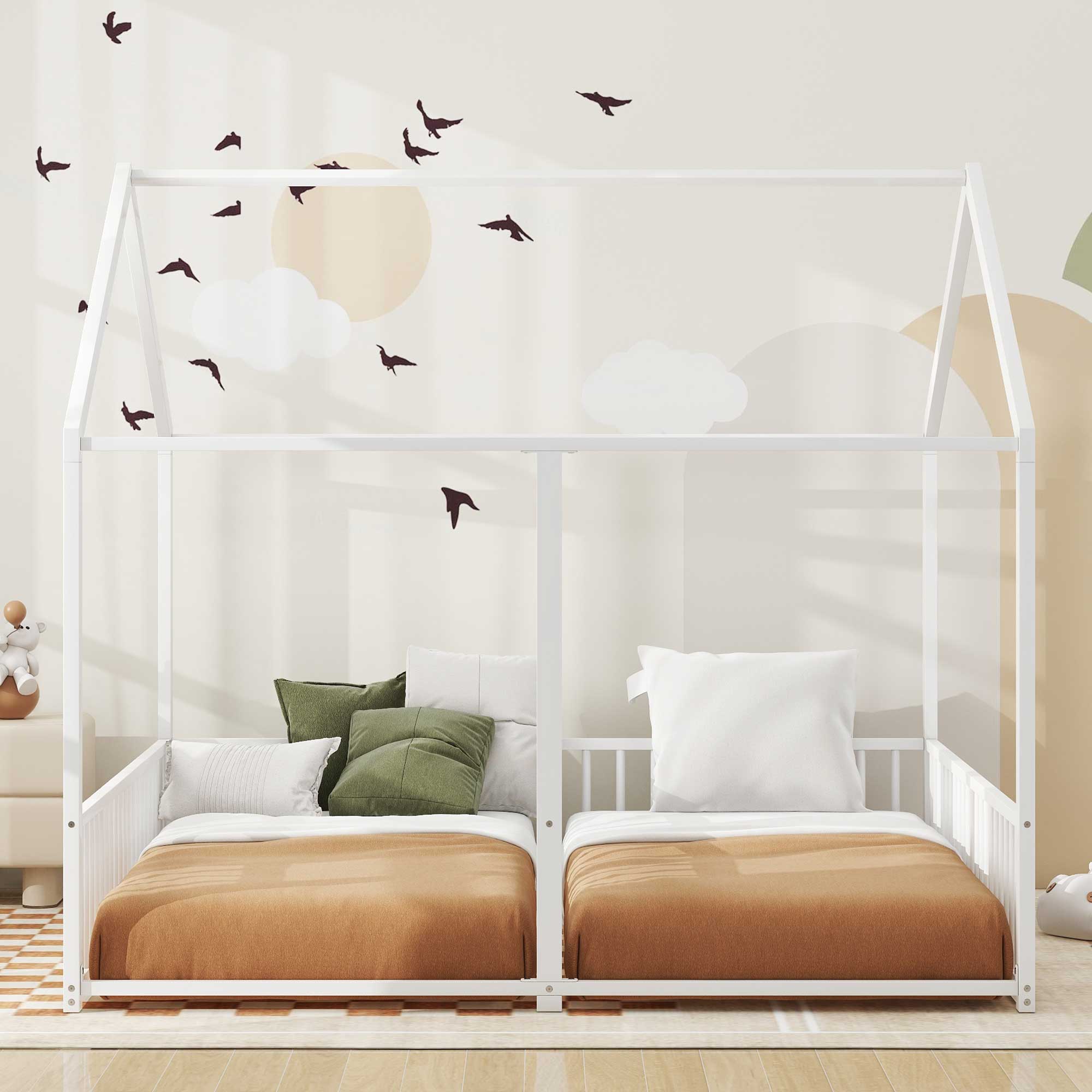 Metal Twin Size House Platform Beds, Two Shared Beds, White 