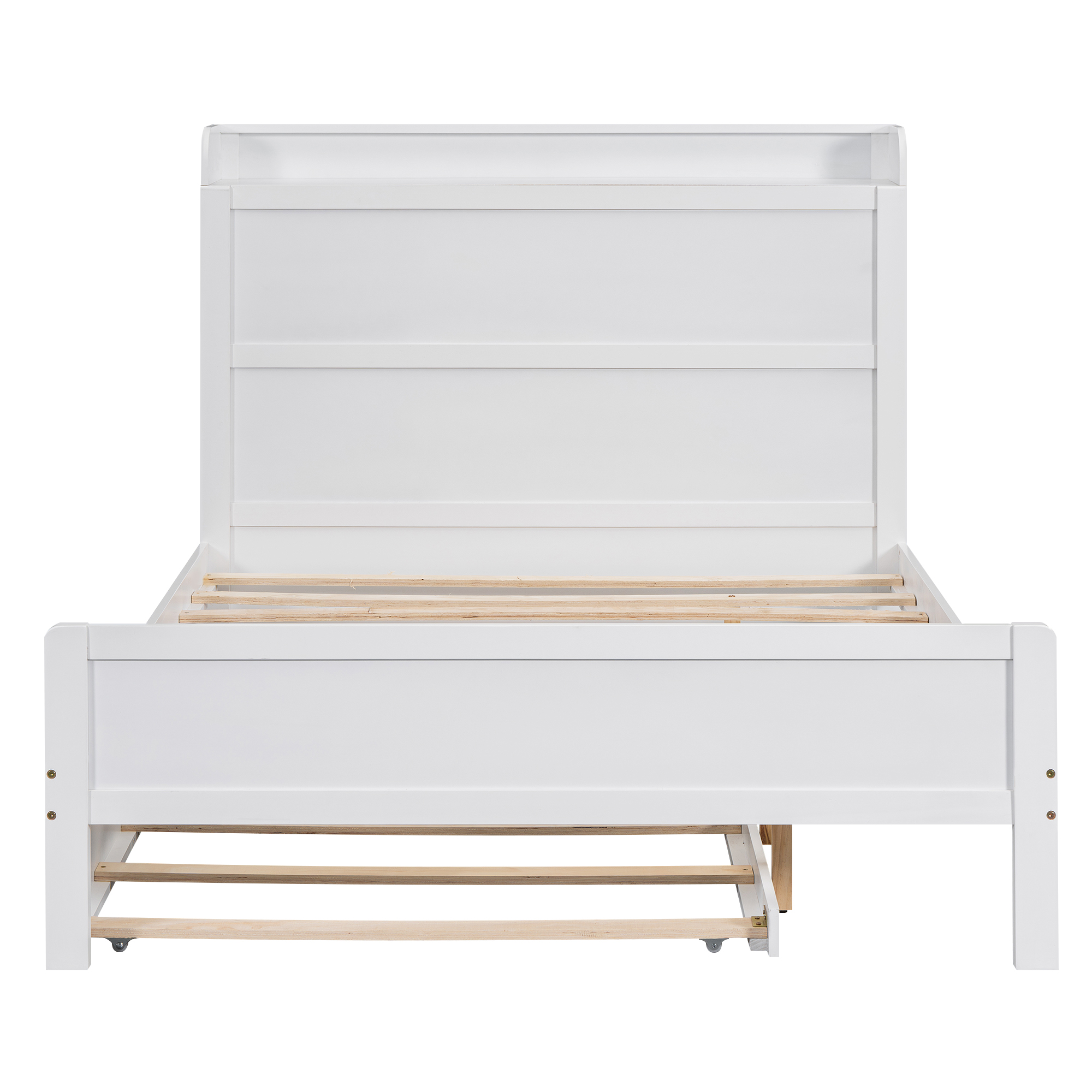 Boyel Living Full Size Platform Bed with Storage Headboard and Twin Size Trundle, White/Walnut 