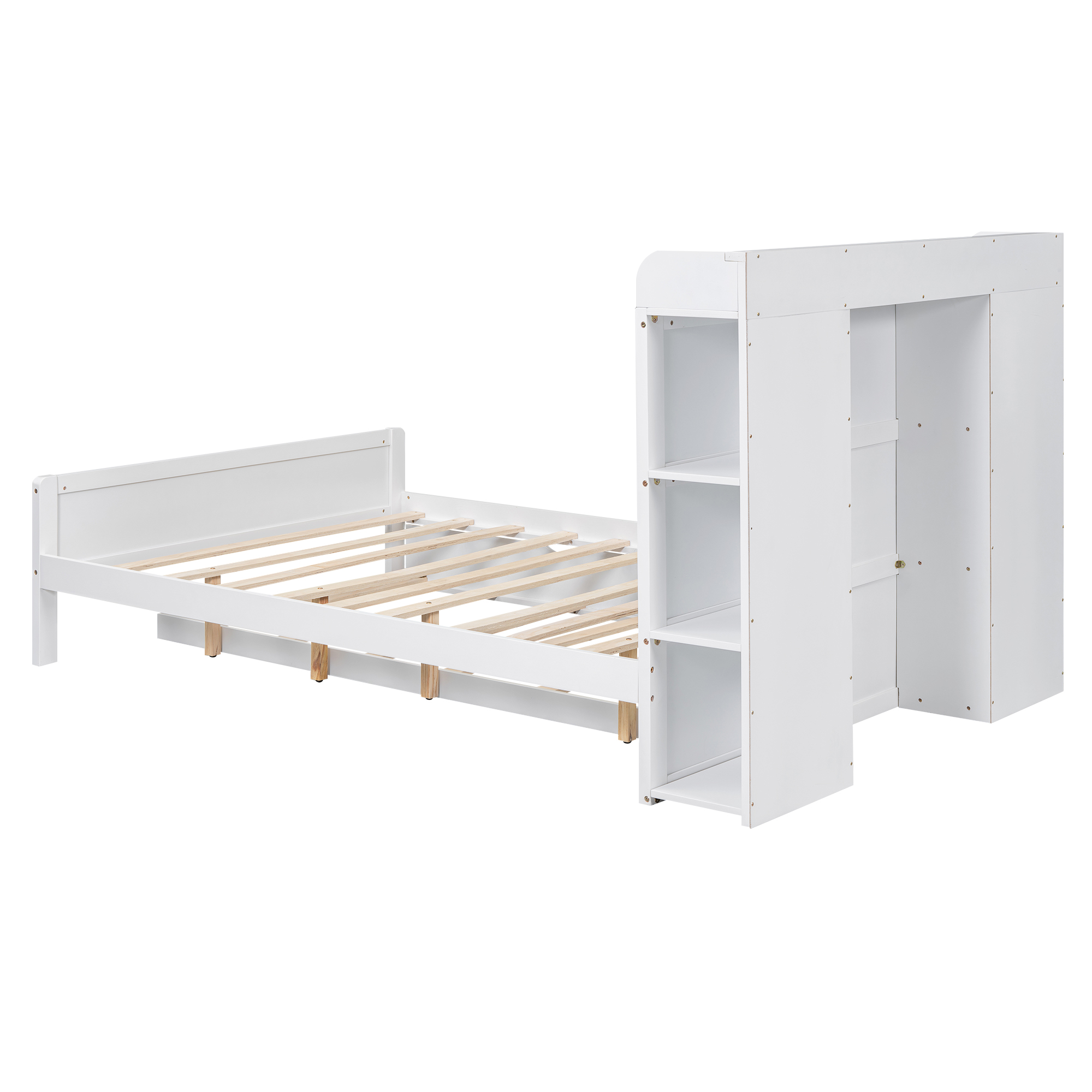 Boyel Living Full Size Platform Bed with Storage Headboard and Twin Size Trundle, White/Walnut 