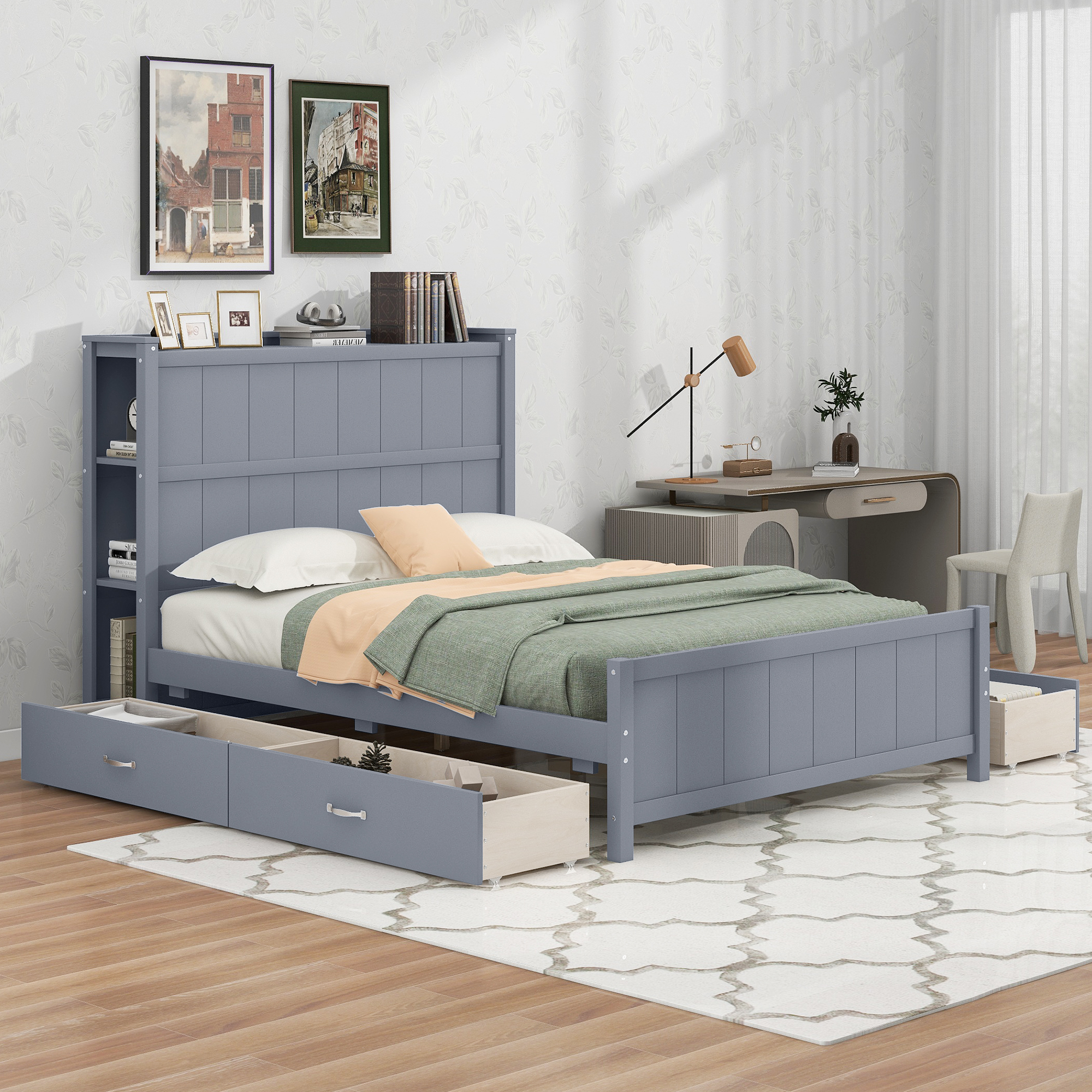  Boyel Living Full Size Platform Bed with Drawers and Storage Shelves, White/Gray