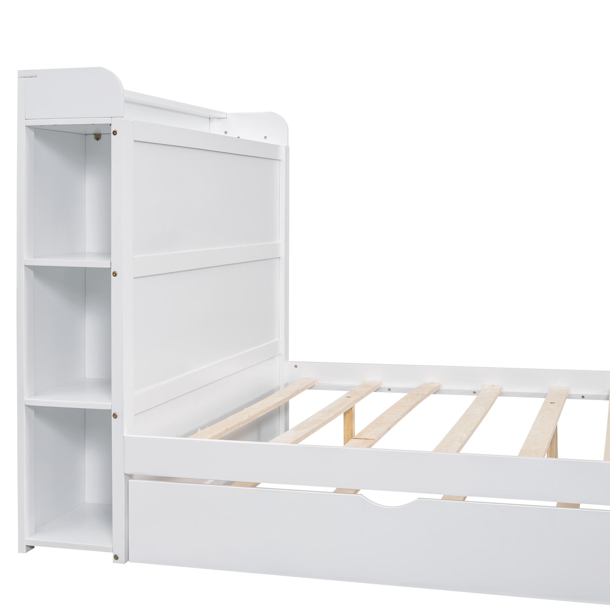 Boyel Living Full Size Platform Bed with Storage Headboard and Twin Size Trundle, White/Walnut 