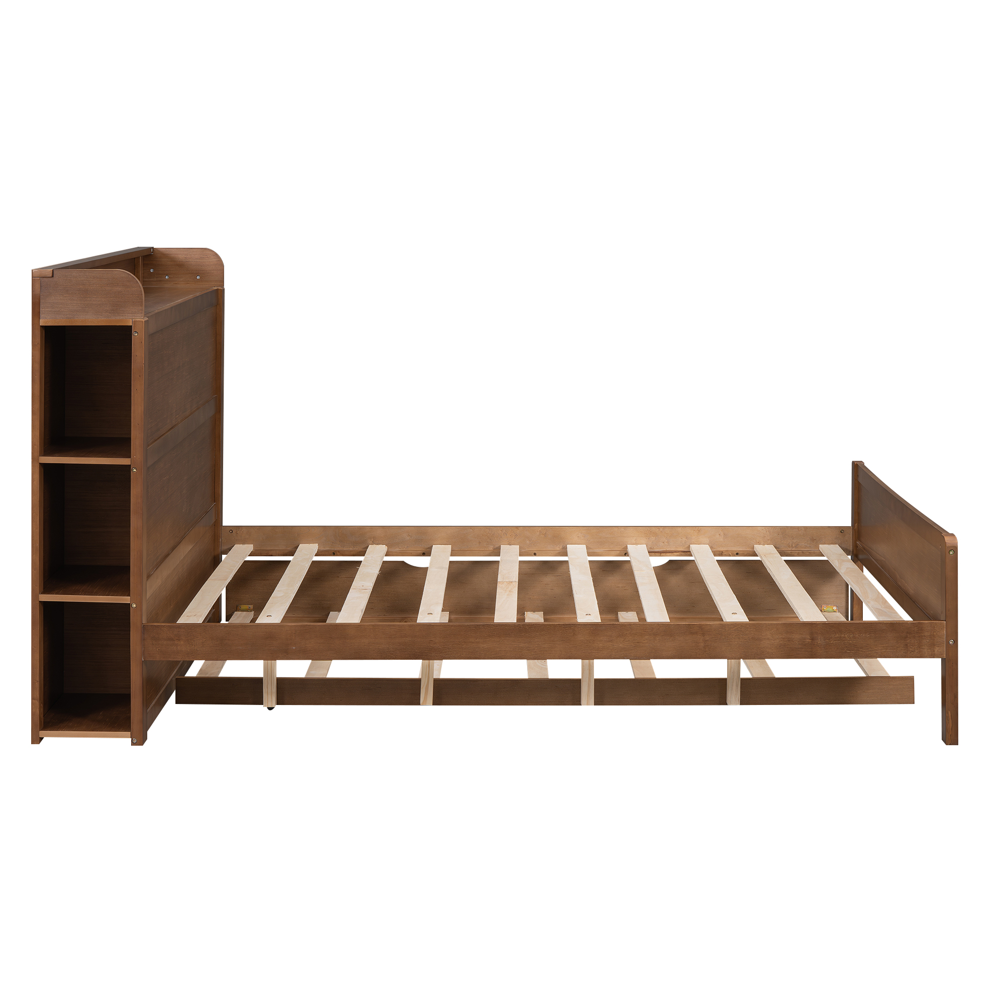 Boyel Living Full Size Platform Bed with Storage Headboard and Twin Size Trundle, White/Walnut 