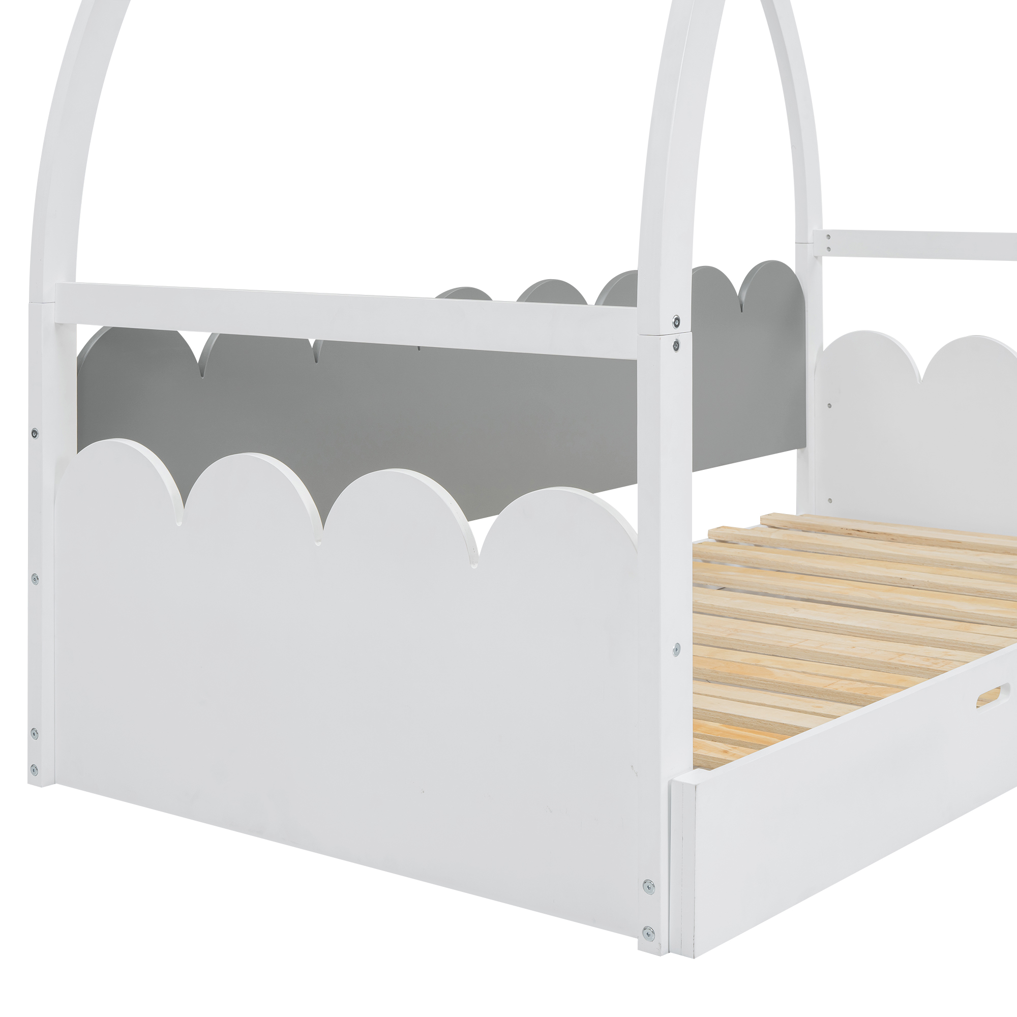 Twin size stretchable vaulted roof bed, children's bed pine wood frame, White+gray / Brown+Orang