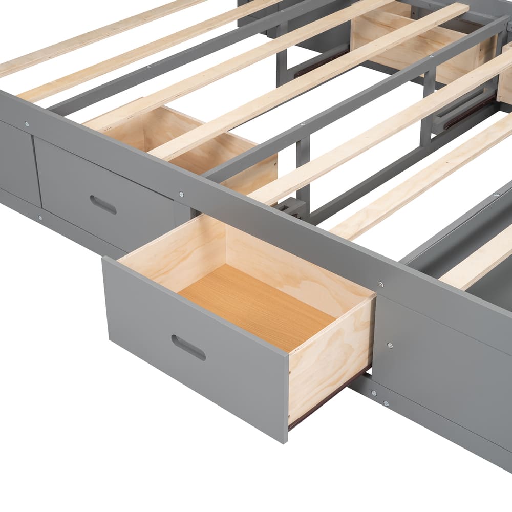 Wood Queen Size Platform Bed with Storage Headboard, shoe rack and 4 drawers,Espresso/Gray