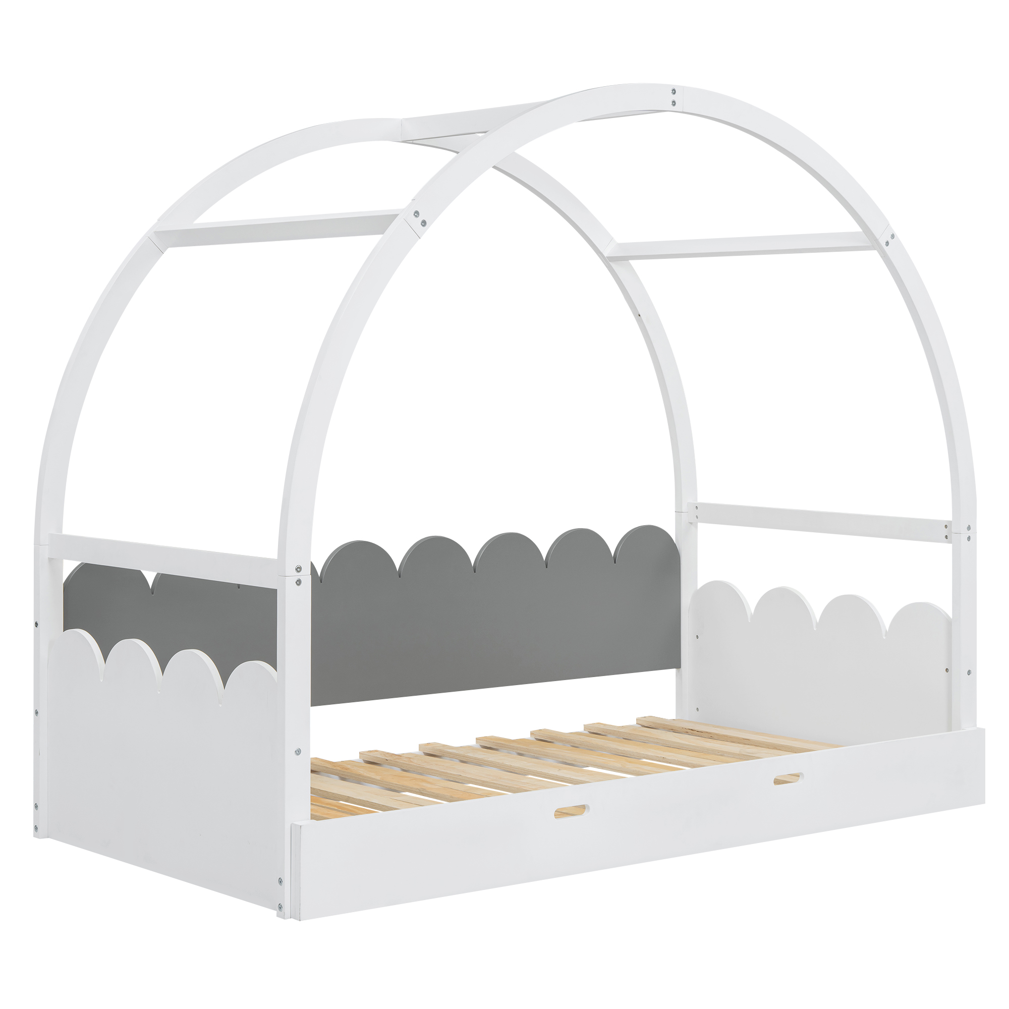 Twin size stretchable vaulted roof bed, children's bed pine wood frame, White+gray / Brown+Orang