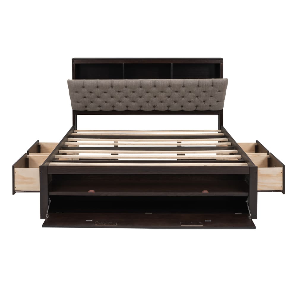 Wood Queen Size Platform Bed with Storage Headboard, shoe rack and 4 drawers,Espresso/Gray